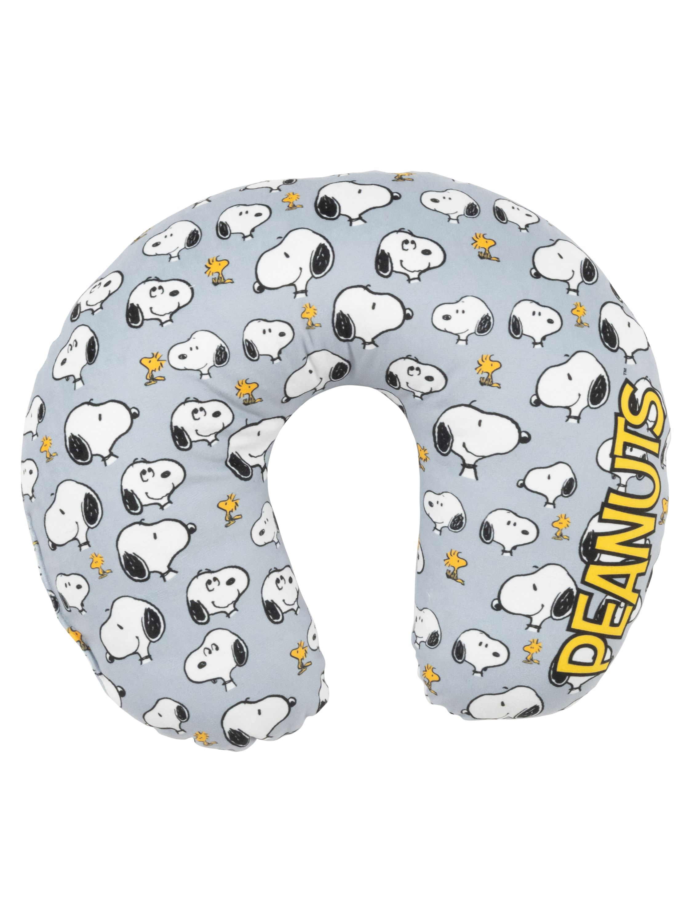 Ein blaues Snoopy-Nackenkissen mit Snoopy- und Woodstock-Mustern. Das Wort PEANUTS steht gelb an der Seite.