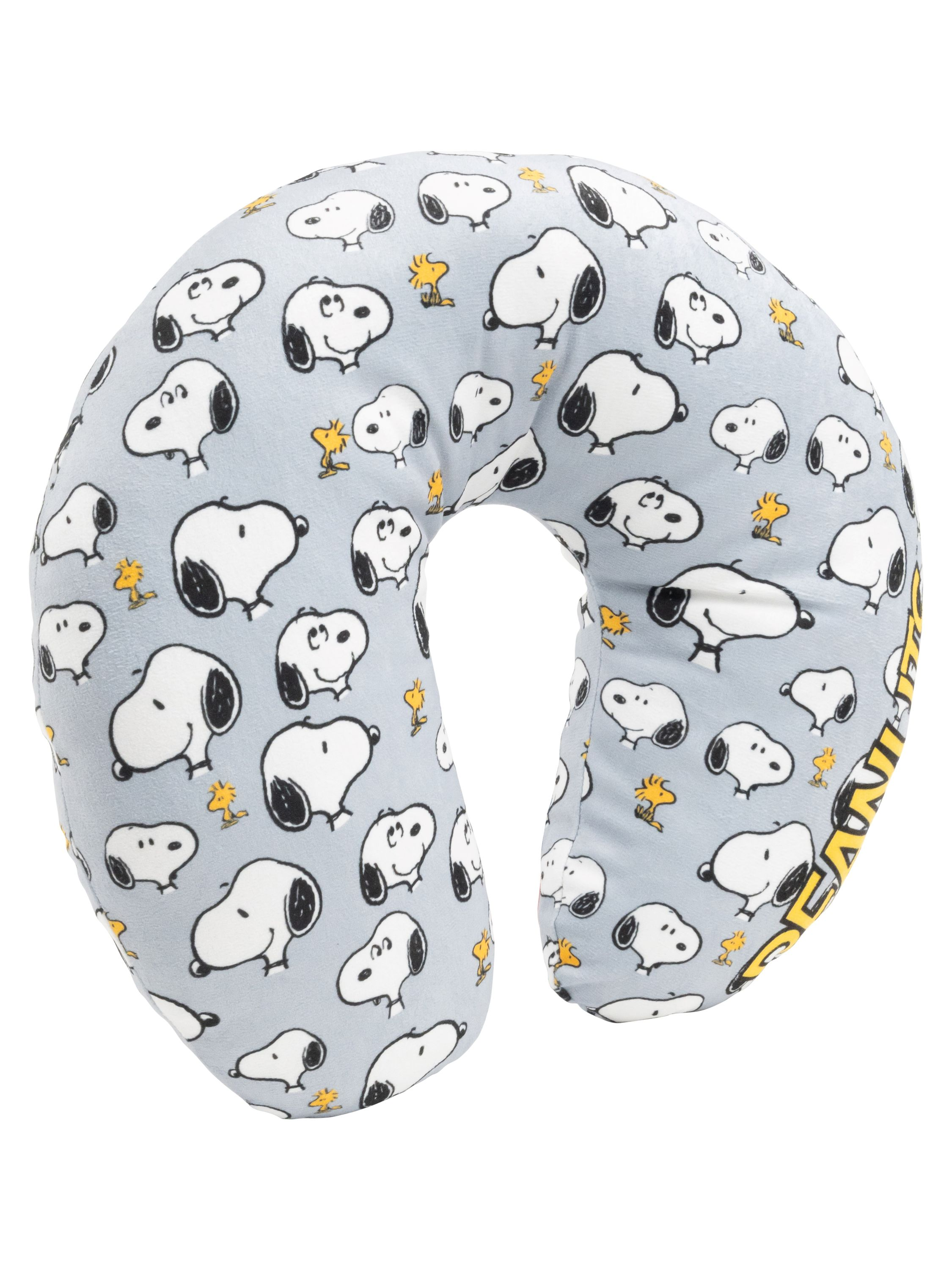 Ein U-förmiges Nackenkissen mit hellblauem Hintergrund. Es hat ein Muster mit Snoopy- und Woodstock-Charakteren.