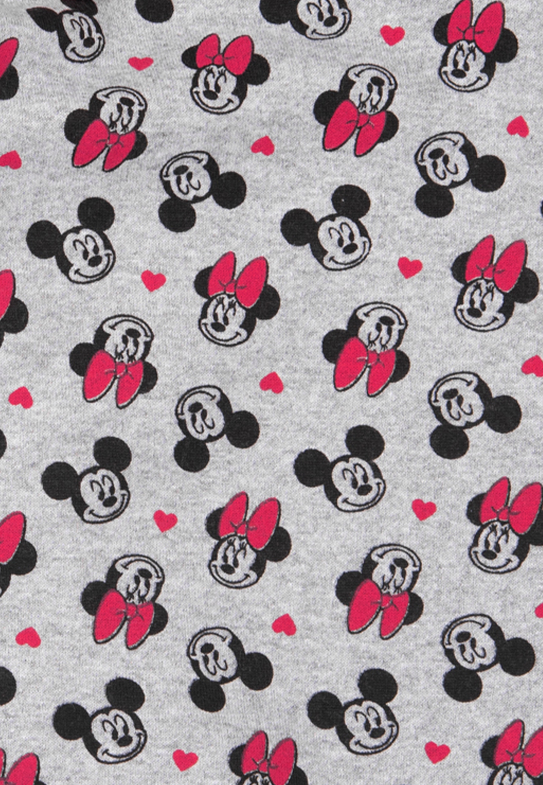 Grauer Stoff mit sich wiederholenden Mickey- und Minnie-Mouse-Gesichtern, roten Schleifen und kleinen roten Herzen.