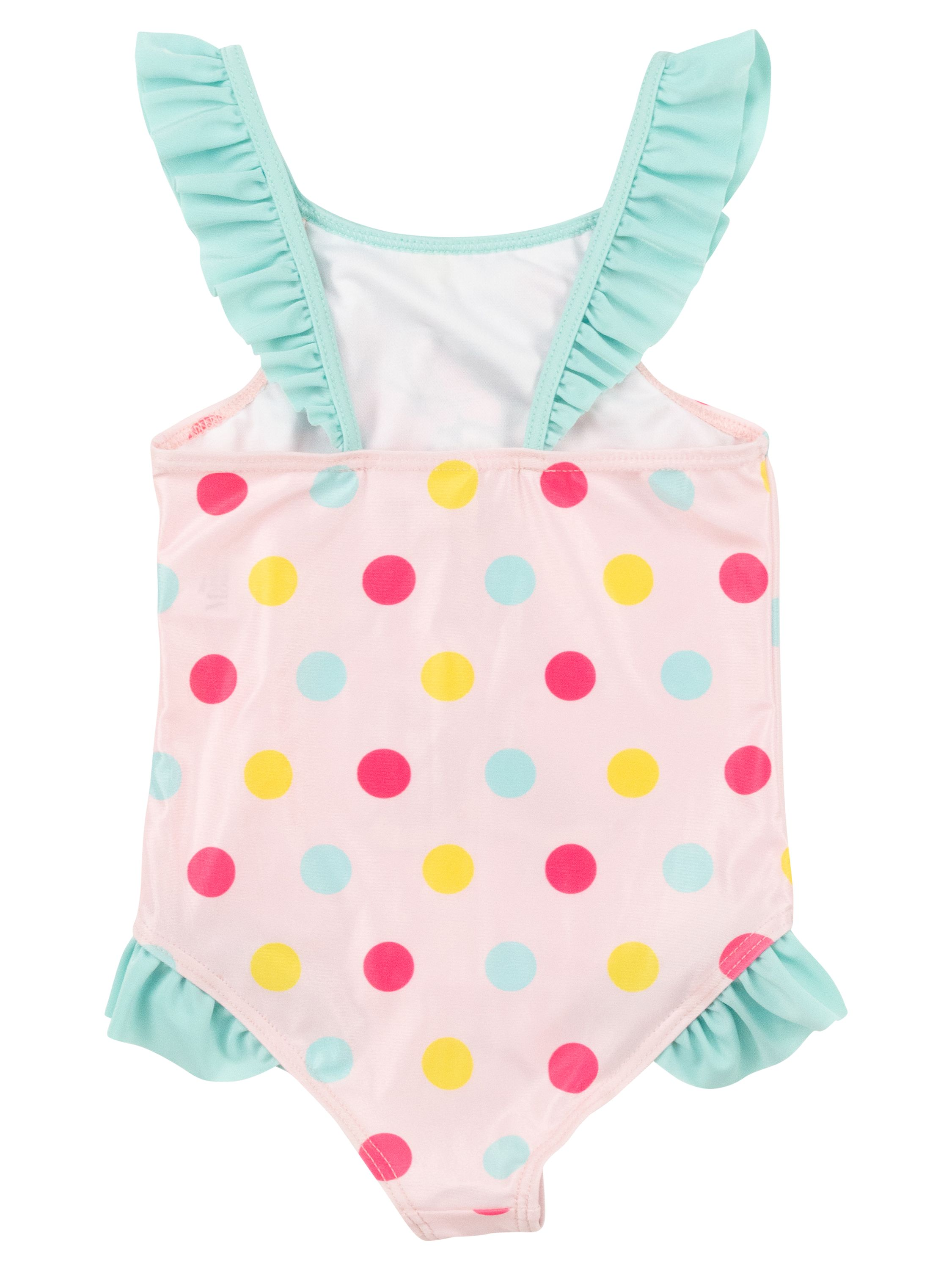 Rosa Badeanzug mit Polka-Dots und türkisfarbenen Rüschen. Er hat gelbe, rosa und blaue Punkte.
