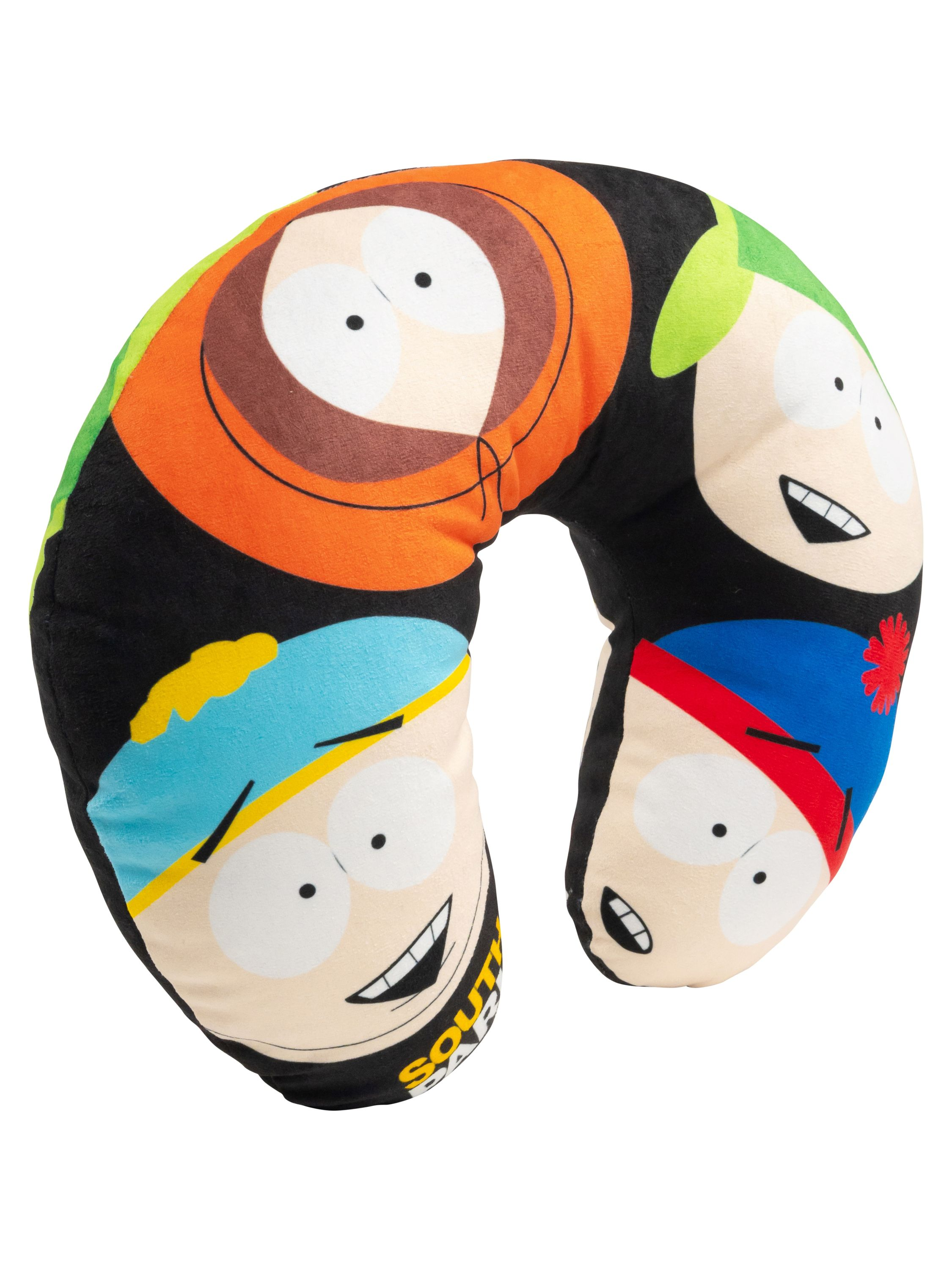 Ein U-förmiges Kissen mit den Gesichtern von vier South Park-Charakteren auf schwarzem Hintergrund.