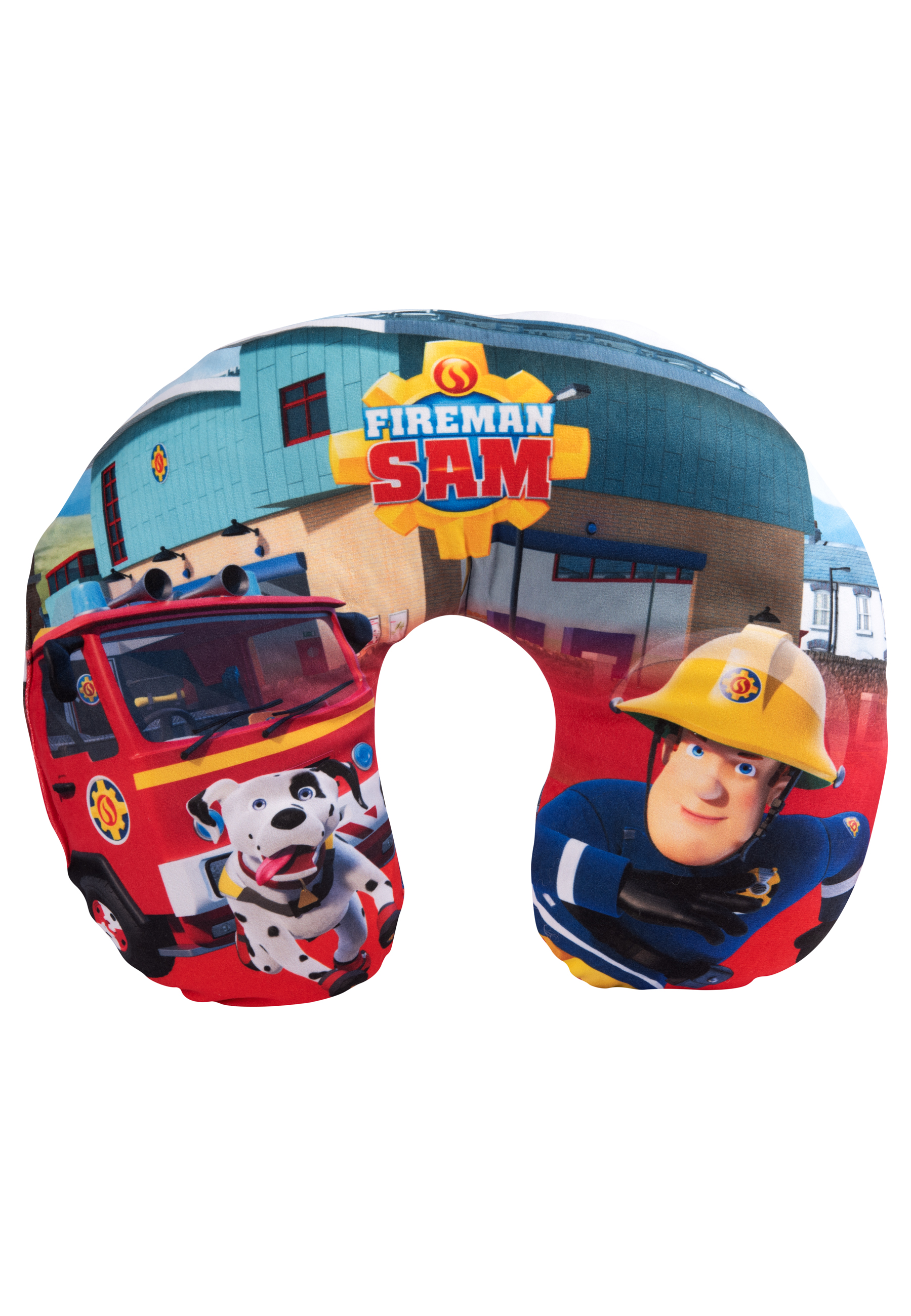 Ein U-förmiges Kissen mit Fireman Sam-Illustrationen. Enthält einen Feuerwehrwagen, einen Dalmatiner und Feuerwehrmann Sam selbst.