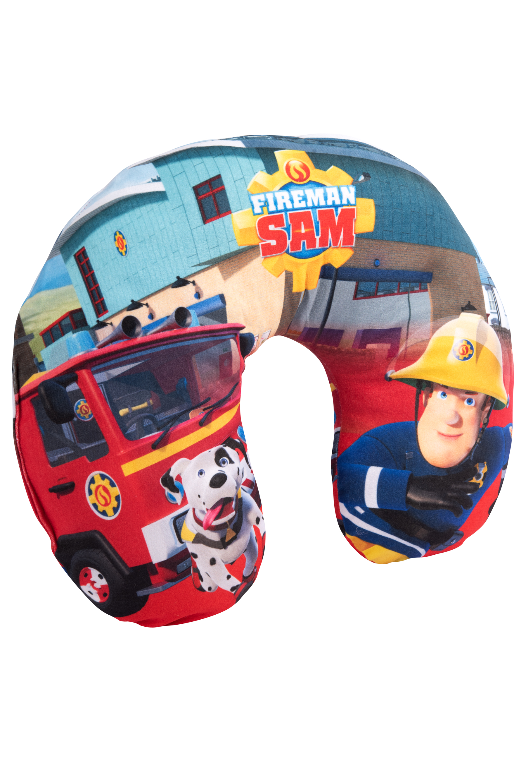Nackenkissen mit Feuerwehrmann Sam-Grafiken. Mit rotem Feuerwehrauto, Dalmatiner und Feuerwehrmann Sam.
