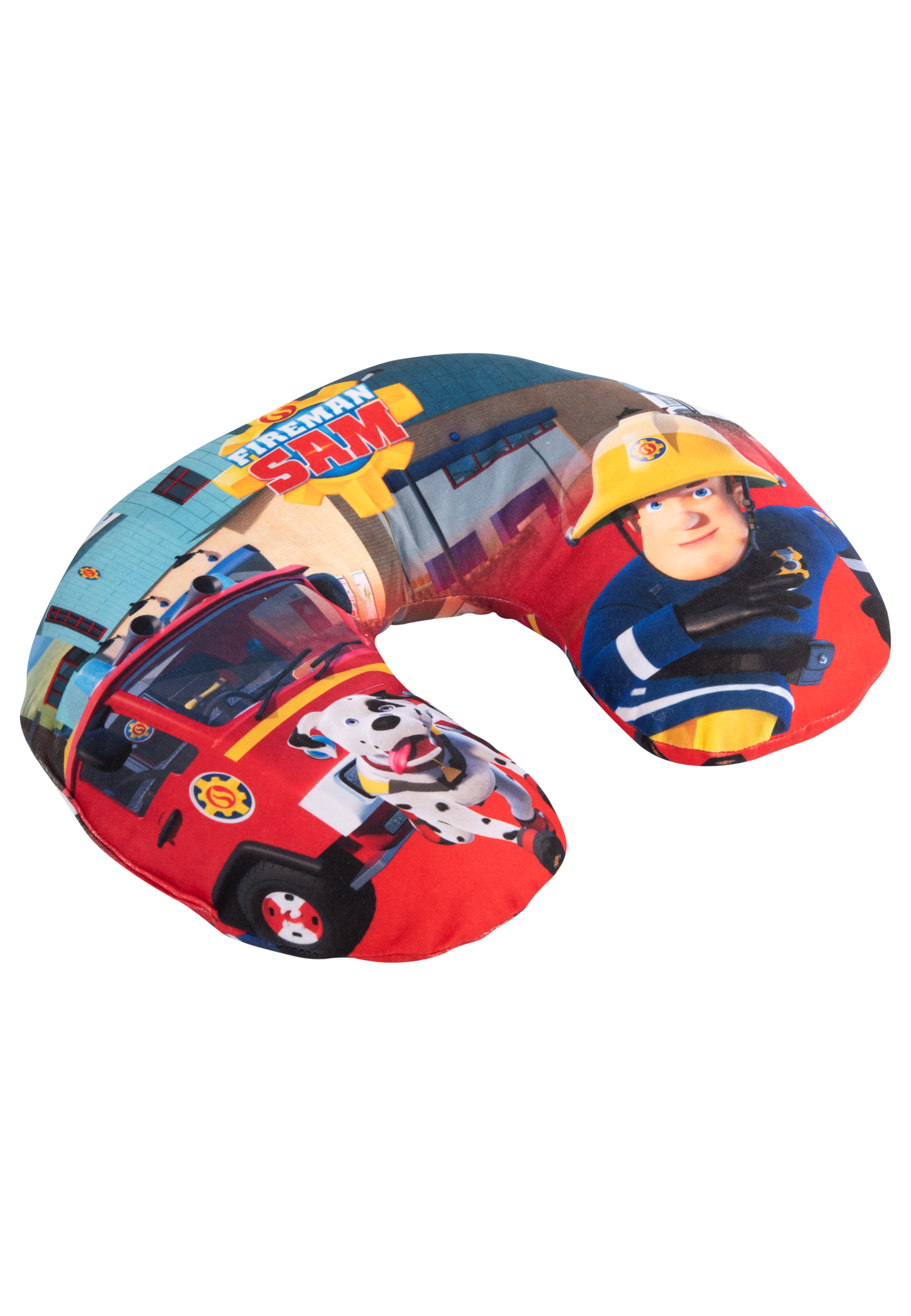 Nackenkissen mit Feuerwehrmann Sam-Grafiken. Es zeigt einen Feuerwehrwagen, einen Dalmatiner und Feuerwehrmann Sam.