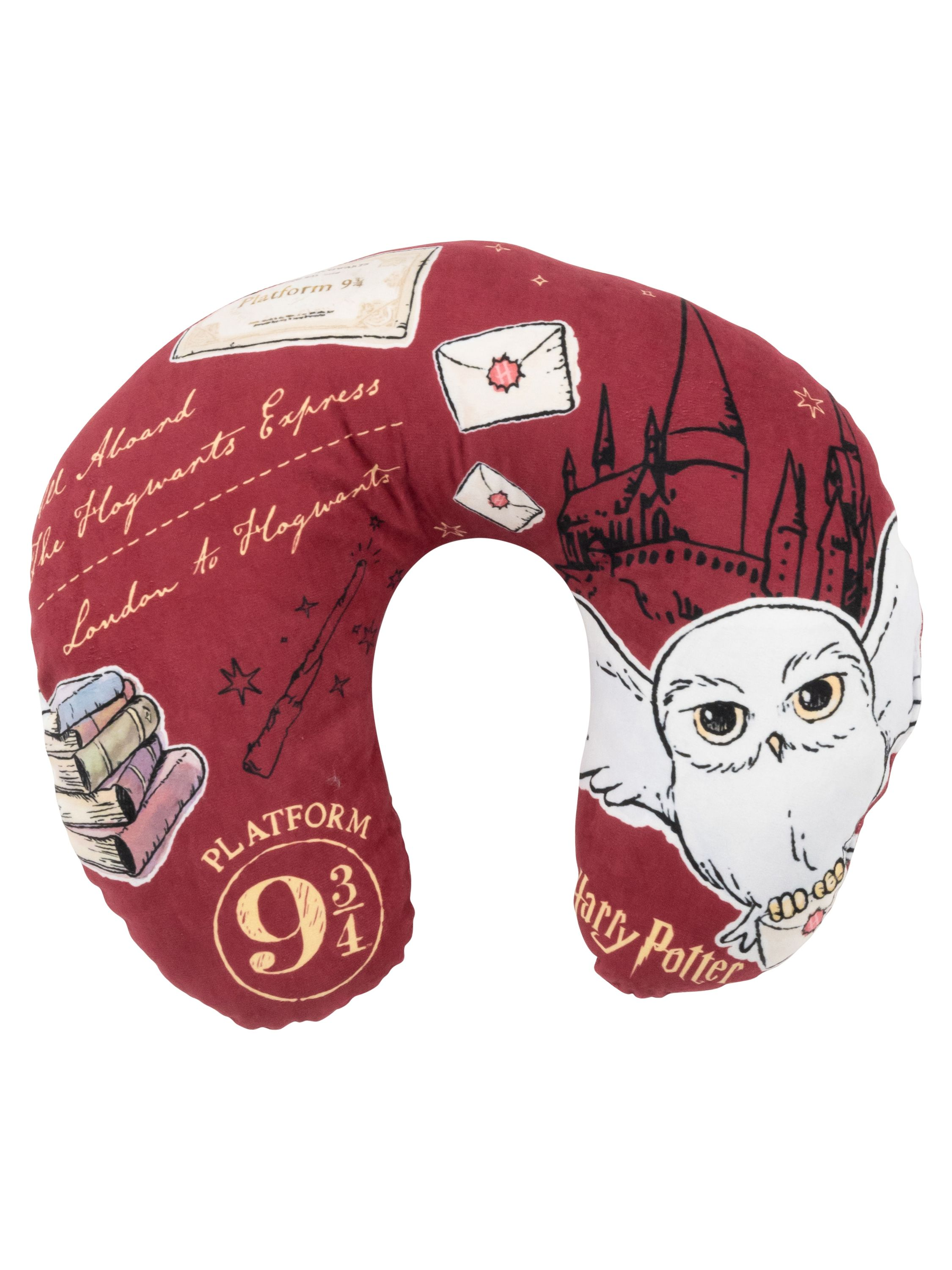 Nackenkissen mit Hogwarts-Motiv. Mit Bahnsteig 9 3/4, Hogwarts Express-Etikett und einer weißen Eule.