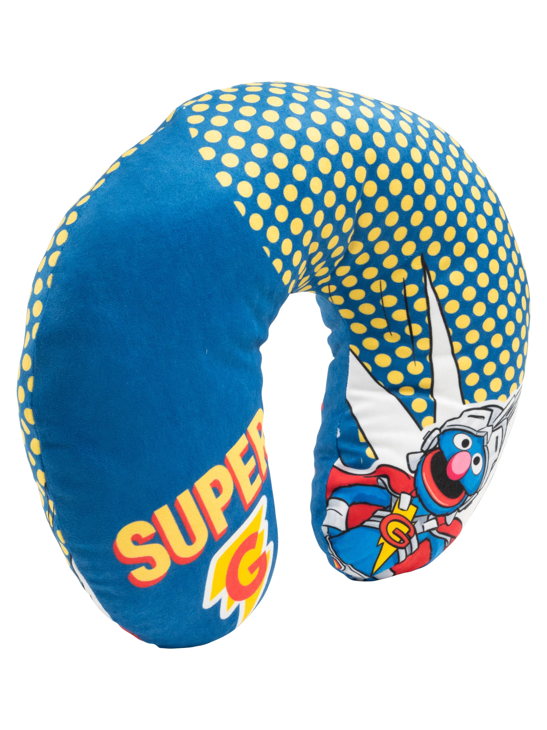 Blaues Nackenkissen mit gelben Tupfen und einer Comicfigur mit dem Wort 'SUPER'.