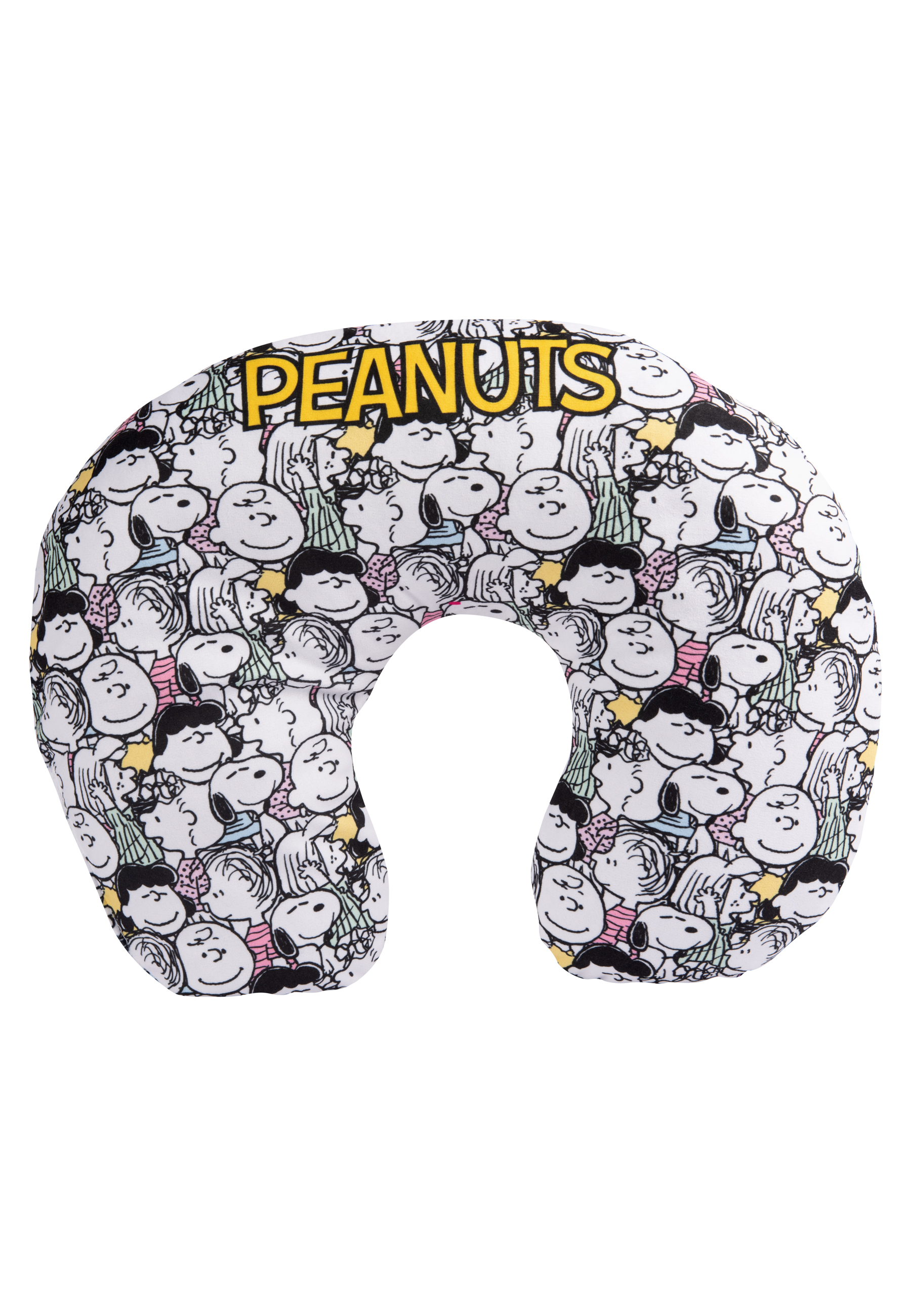 Ein weißes Reisekissen mit einem Muster von Peanuts-Charakteren und dem gelben Wort PEANUTS.