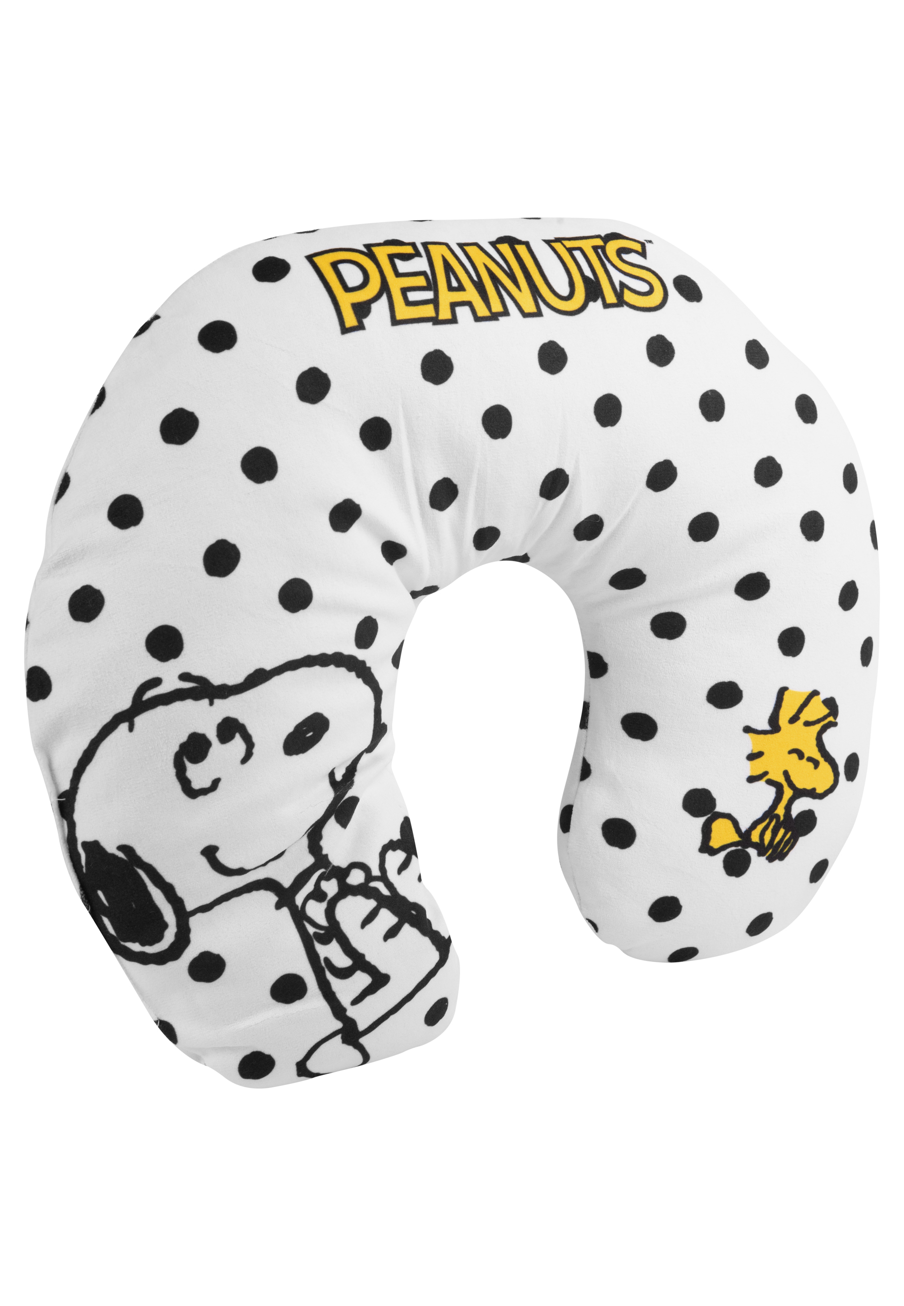 Ein weißes Reisekissen mit schwarzen Punkten, Snoopy- und Woodstock-Illustrationen und gelbem "PEANUTS"-Text.