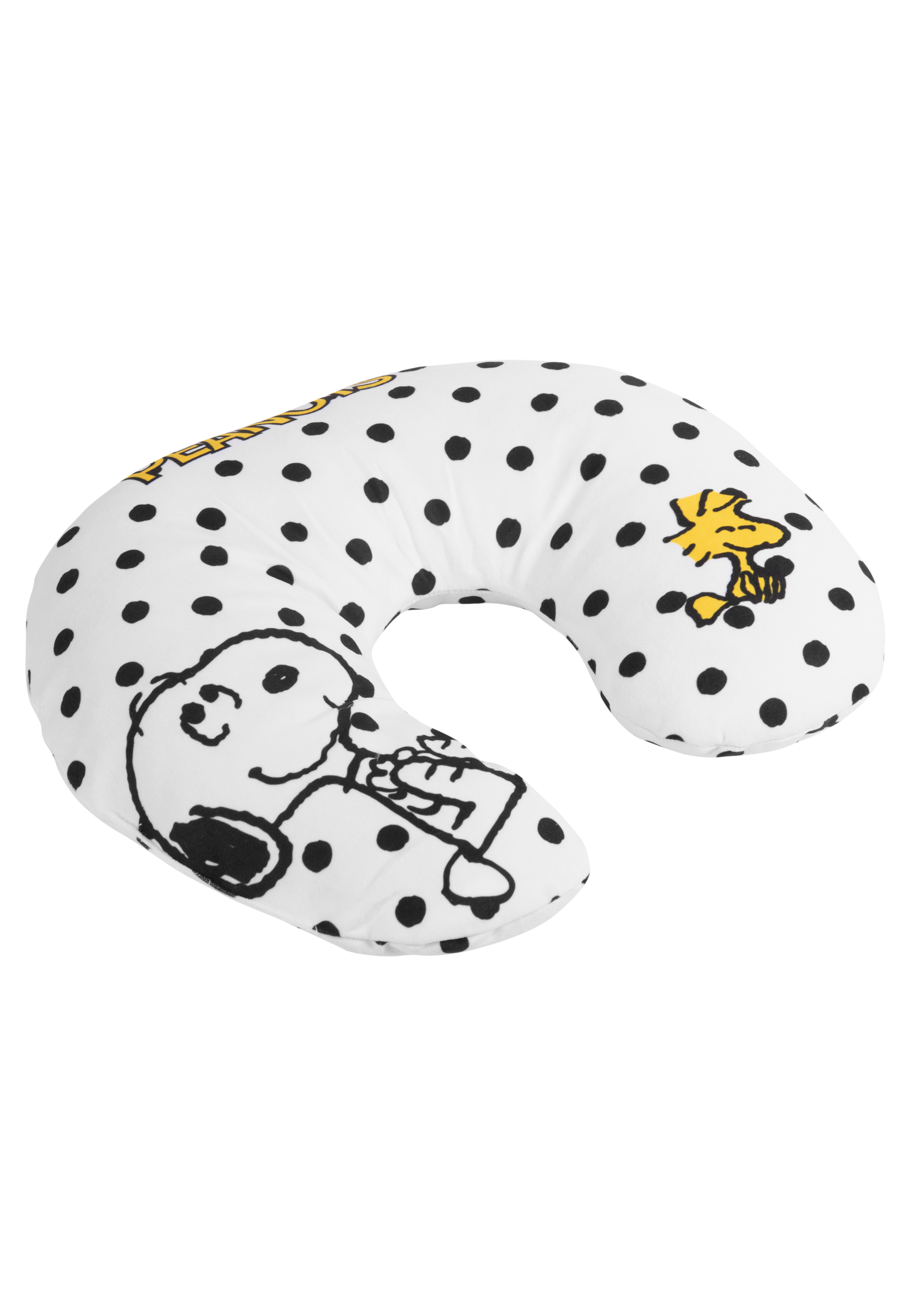 Ein weißes, U-förmiges Kissen mit schwarzen Punkten. Snoopy- und Woodstock-Designs sind vorhanden.