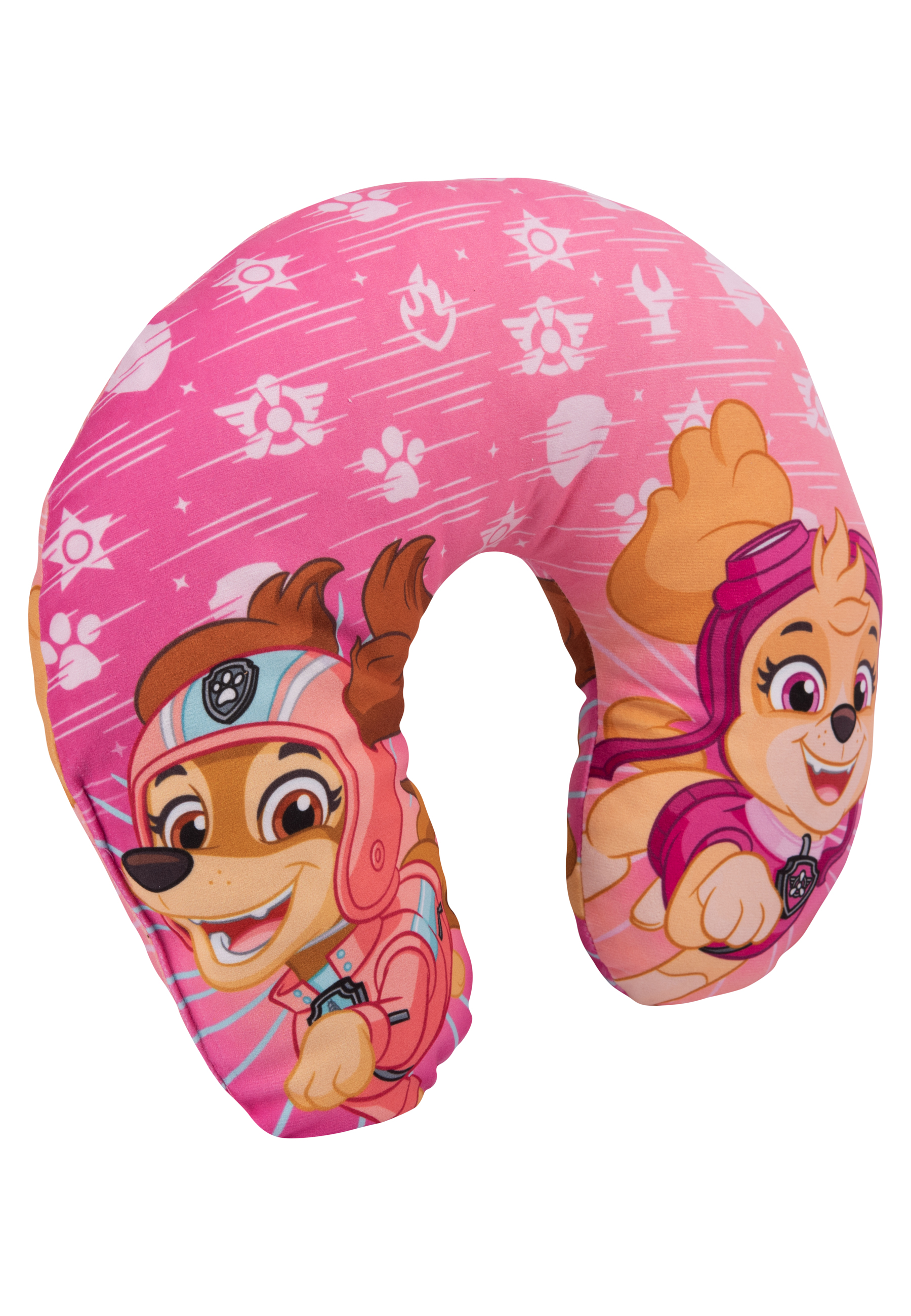 Ein rosa Paw Patrol Nackenkissen mit den Charakteren Skye und Chase. Es hat ein Muster aus weißen Pfotenabdrücken und Formen.