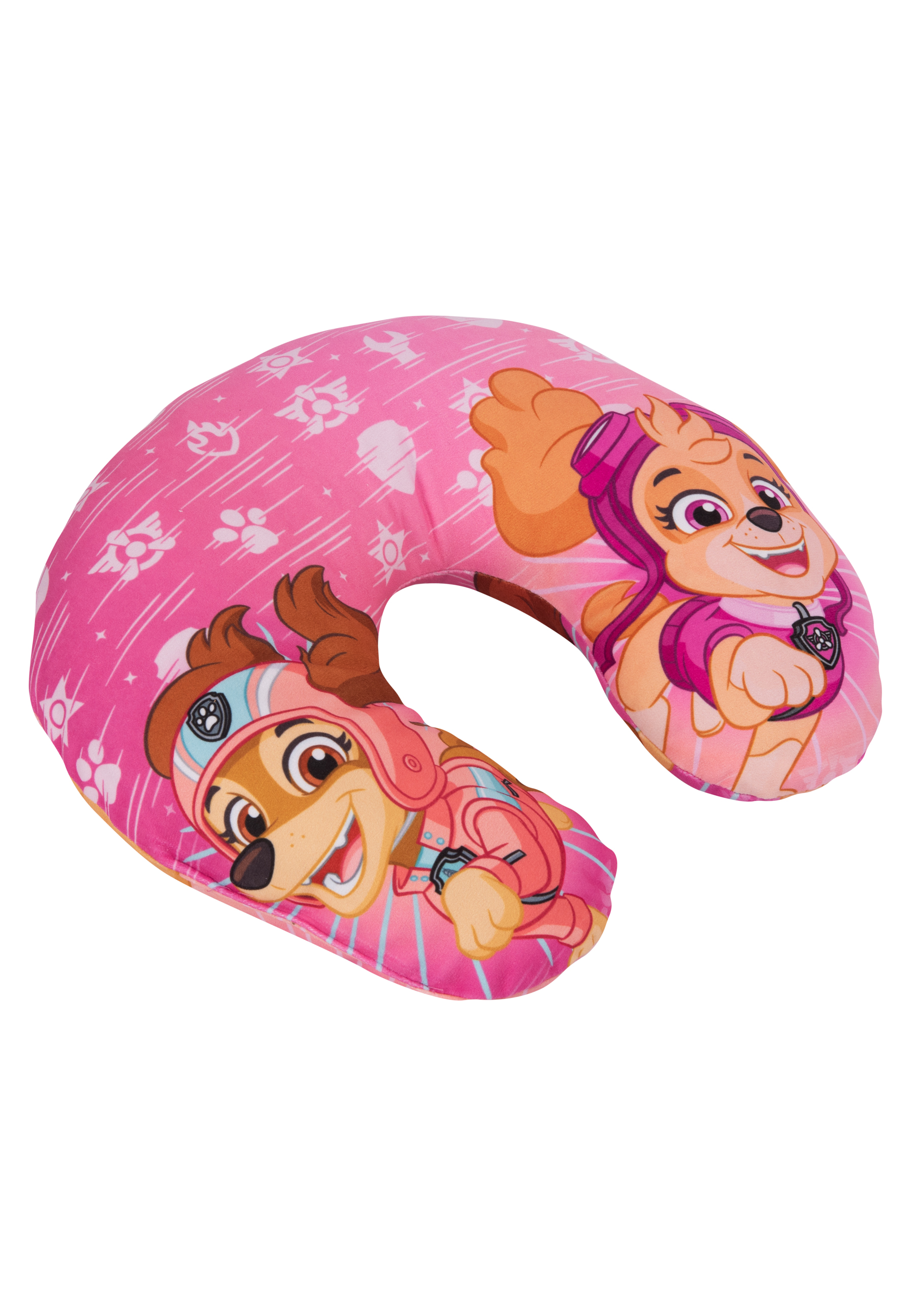 Pinkfarbenes Reisekissen mit den Paw Patrol-Charakteren Skye und Chase. Das Kissen hat ein rosa Muster mit weißen Pfotenabdrücken und Sternen.