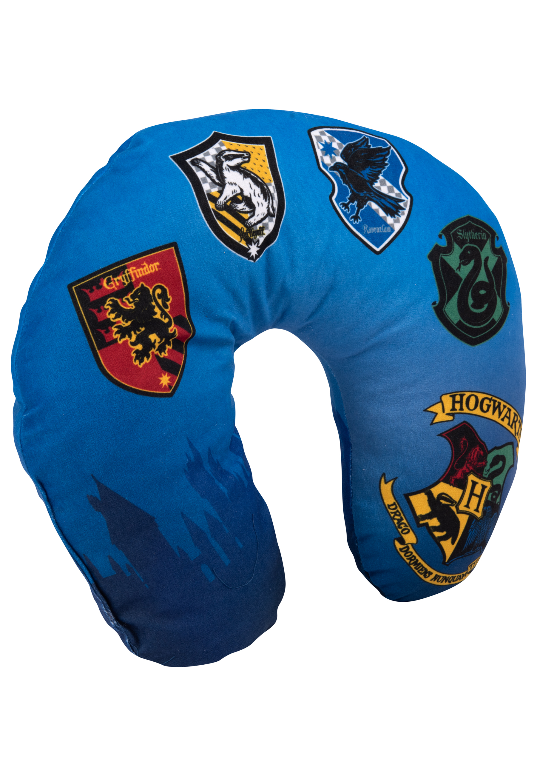 Blaues Nackenkissen mit Hogwarts-Hauswappen. Enthält Gryffindor, Ravenclaw, Slytherin und Hufflepuff.