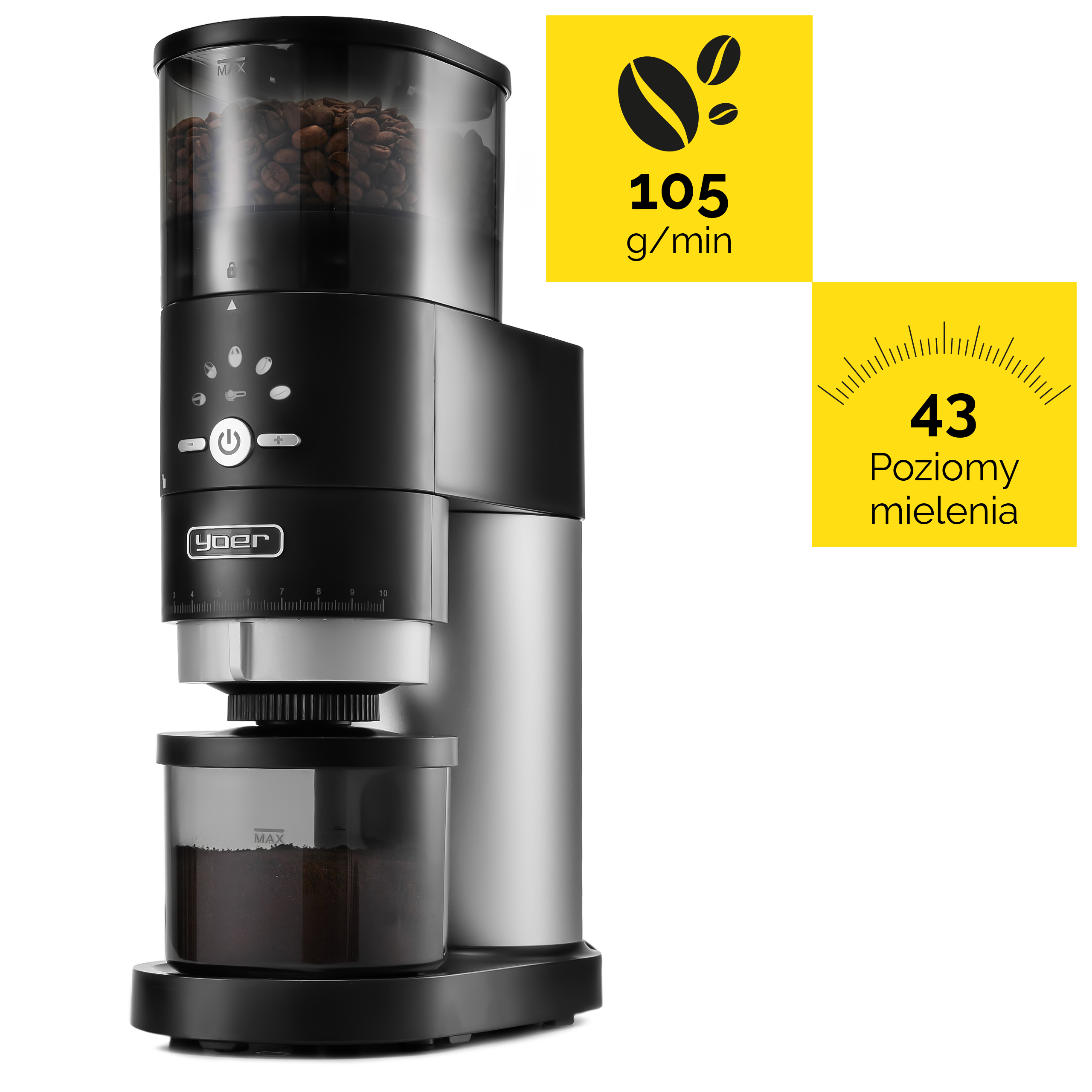 Młynek do kawy z ziarnami u góry, zmieloną kawą u dołu. Żółte tło z liczbami.