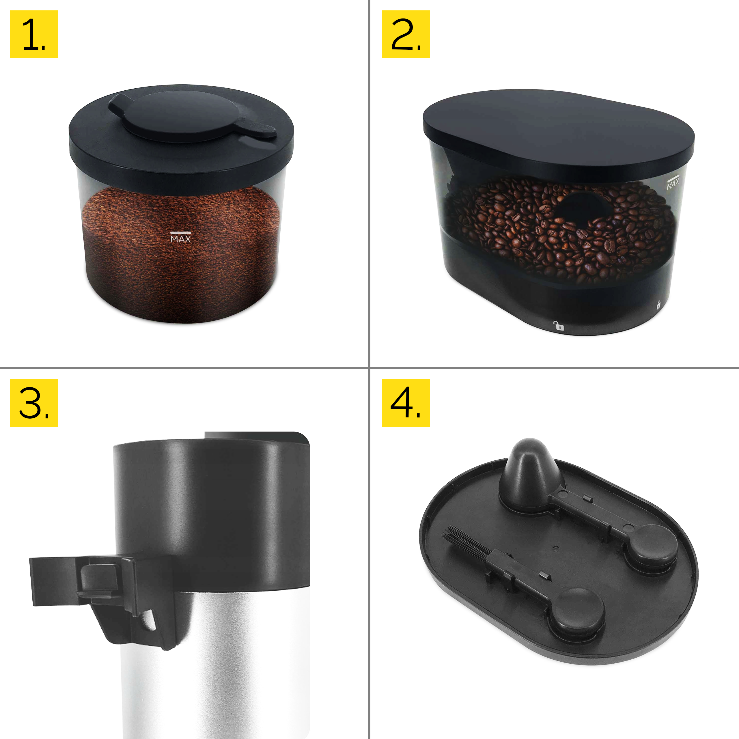 Obraz przedstawia cztery części produktu: pojemnik na kawę mieloną, pojemnik na ziarna, część maszyny i tacę.