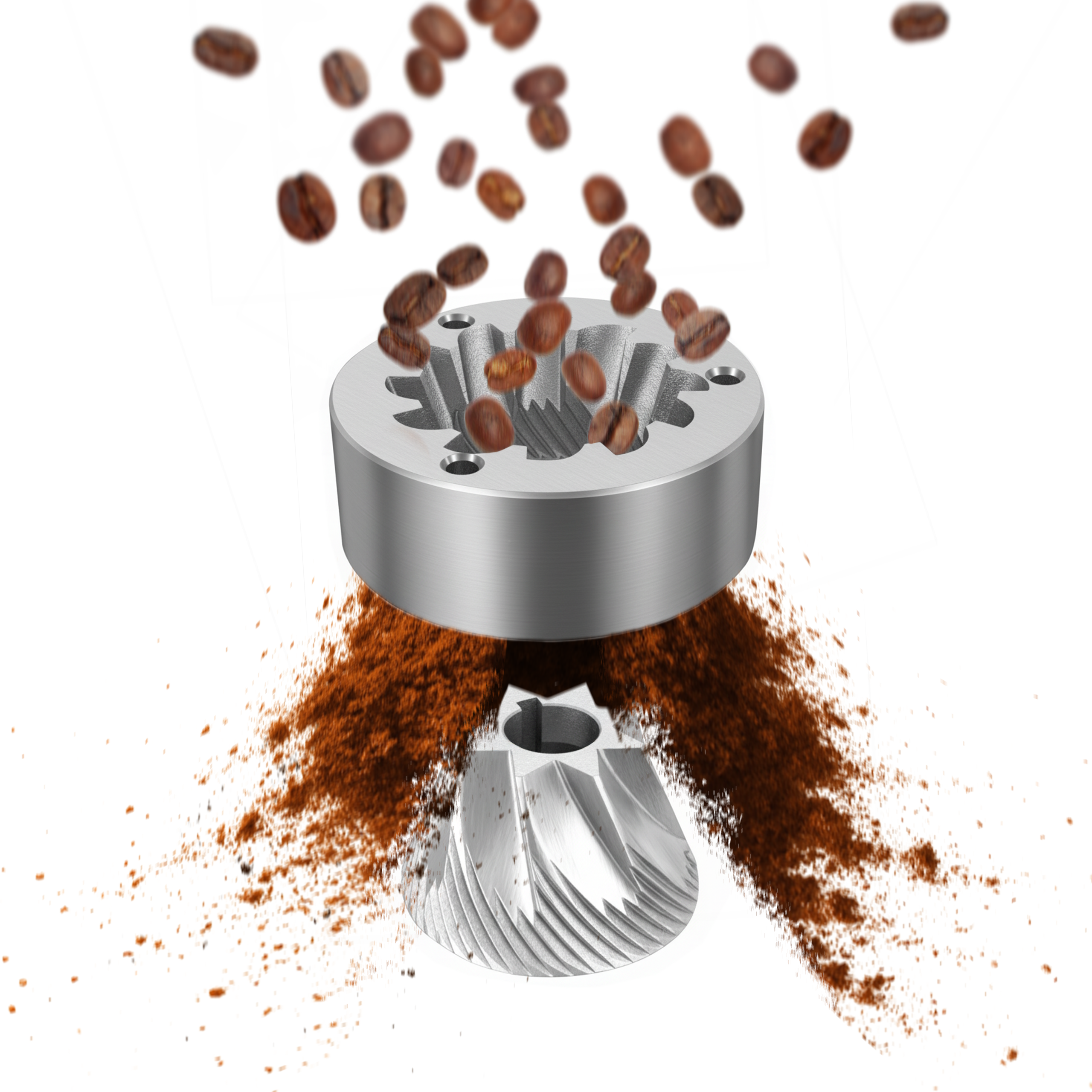 Ziarna kawy wpadają do srebrnego młynka, z zmieloną kawą wokół, wszystko na białym tle.