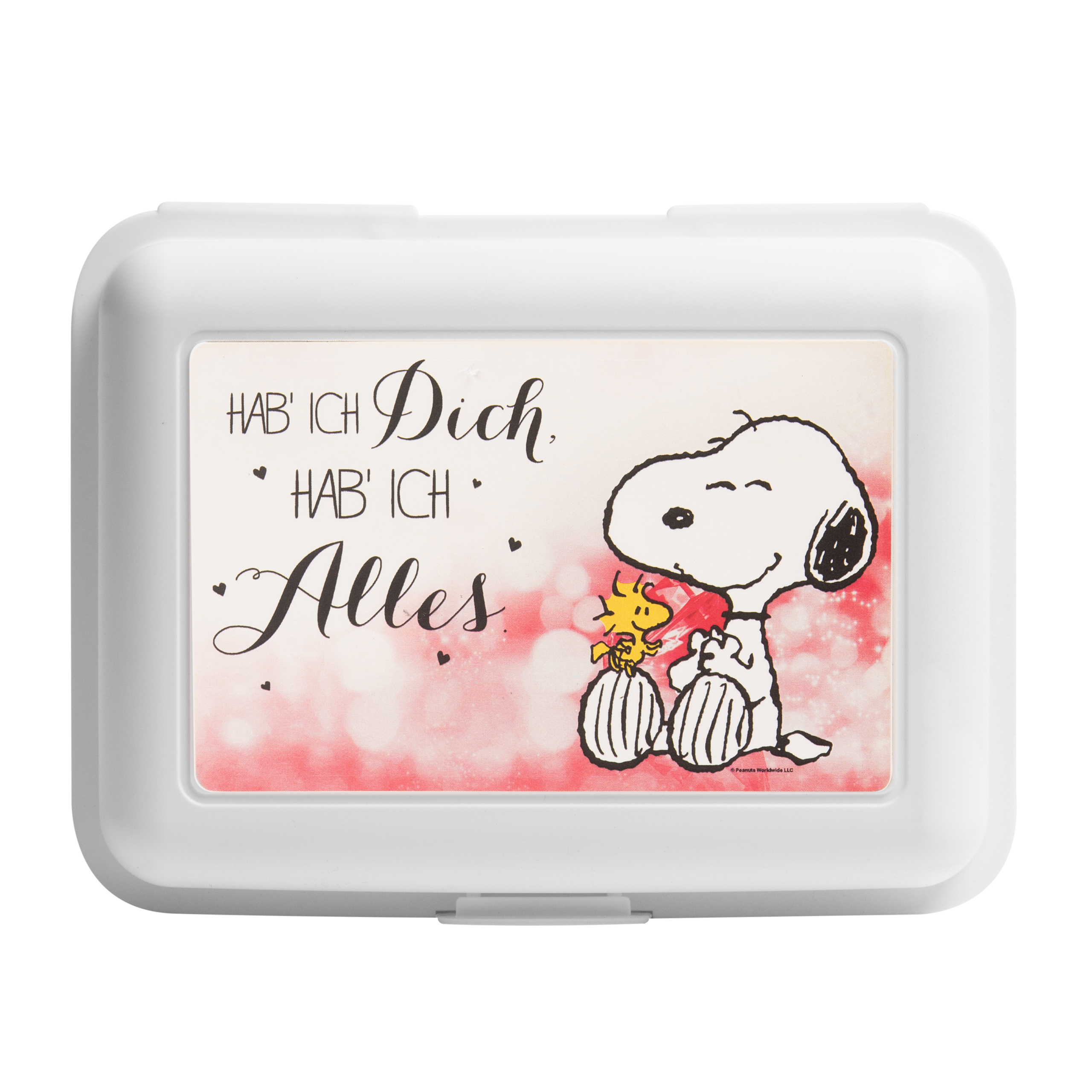 Weiße Brotdose mit Snoopy-Design. Snoopy und Woodstock auf pinkem Hintergrund, mit deutschem Text.