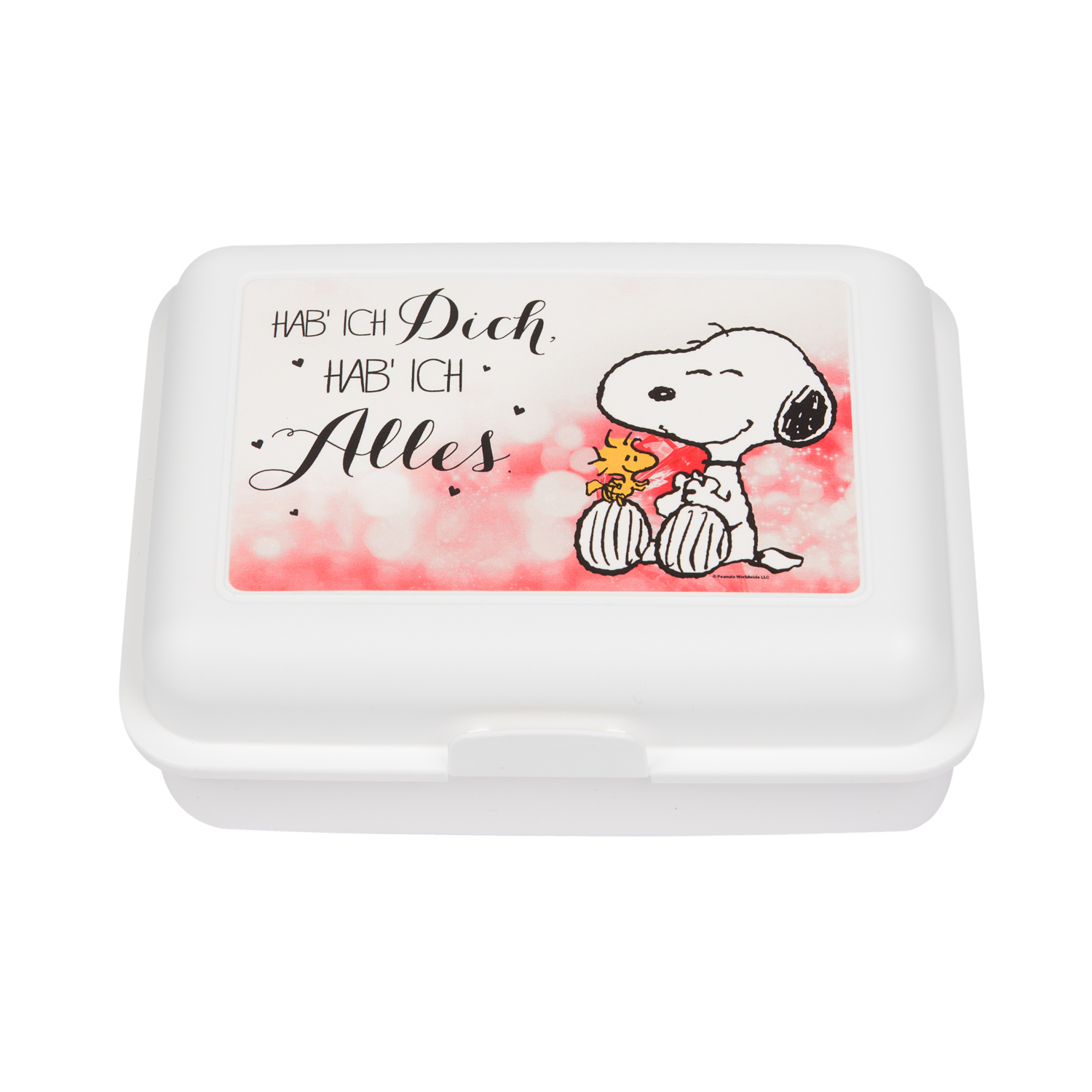Weiße Brotdose mit Snoopy-Design. Snoopy und Woodstock sind abgebildet, zusammen mit deutschem Text und Herzen auf dem Deckel.
