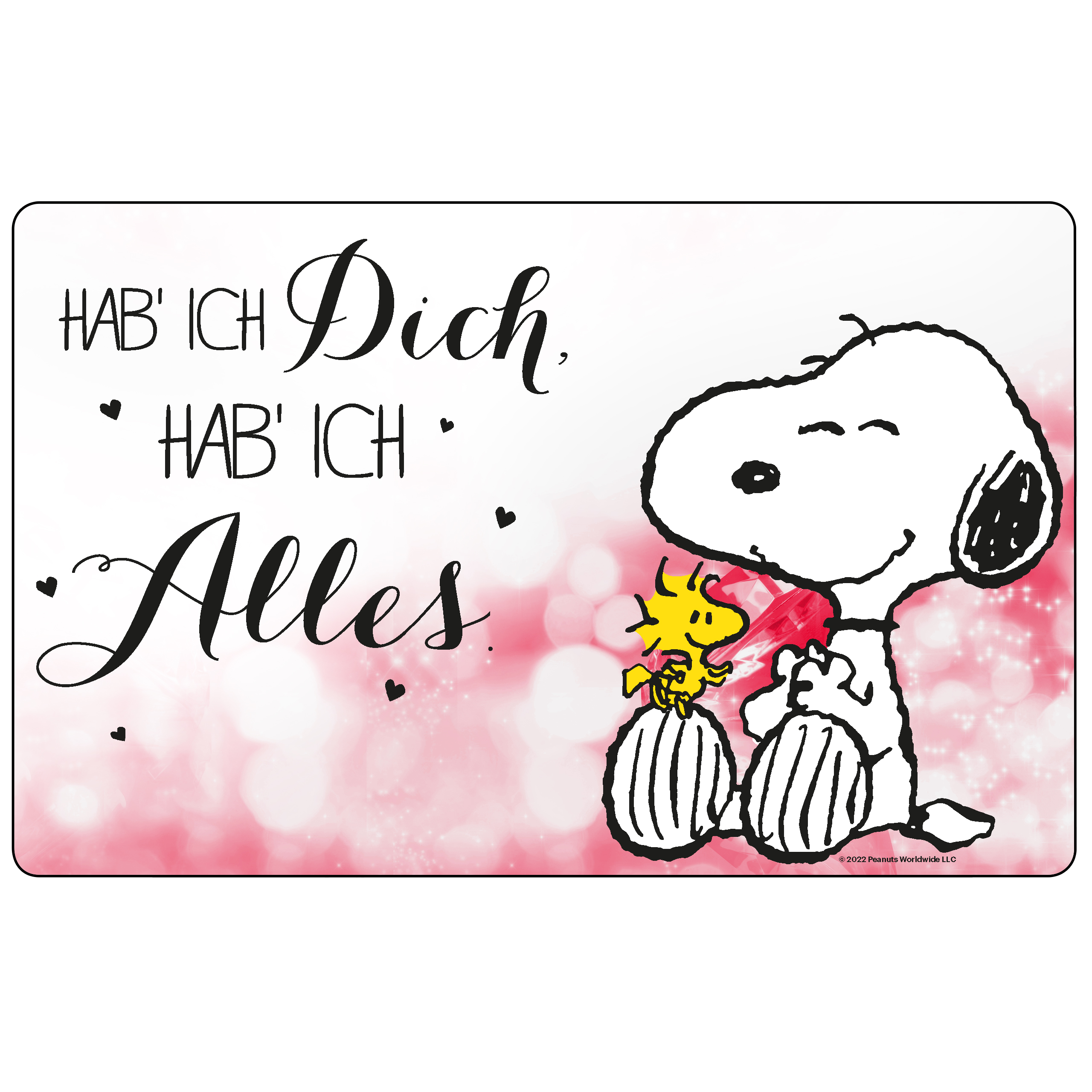 Snoopy und Woodstock auf rosa Hintergrund mit deutschem Text. Herzen sind verstreut. Snoopy sitzt.