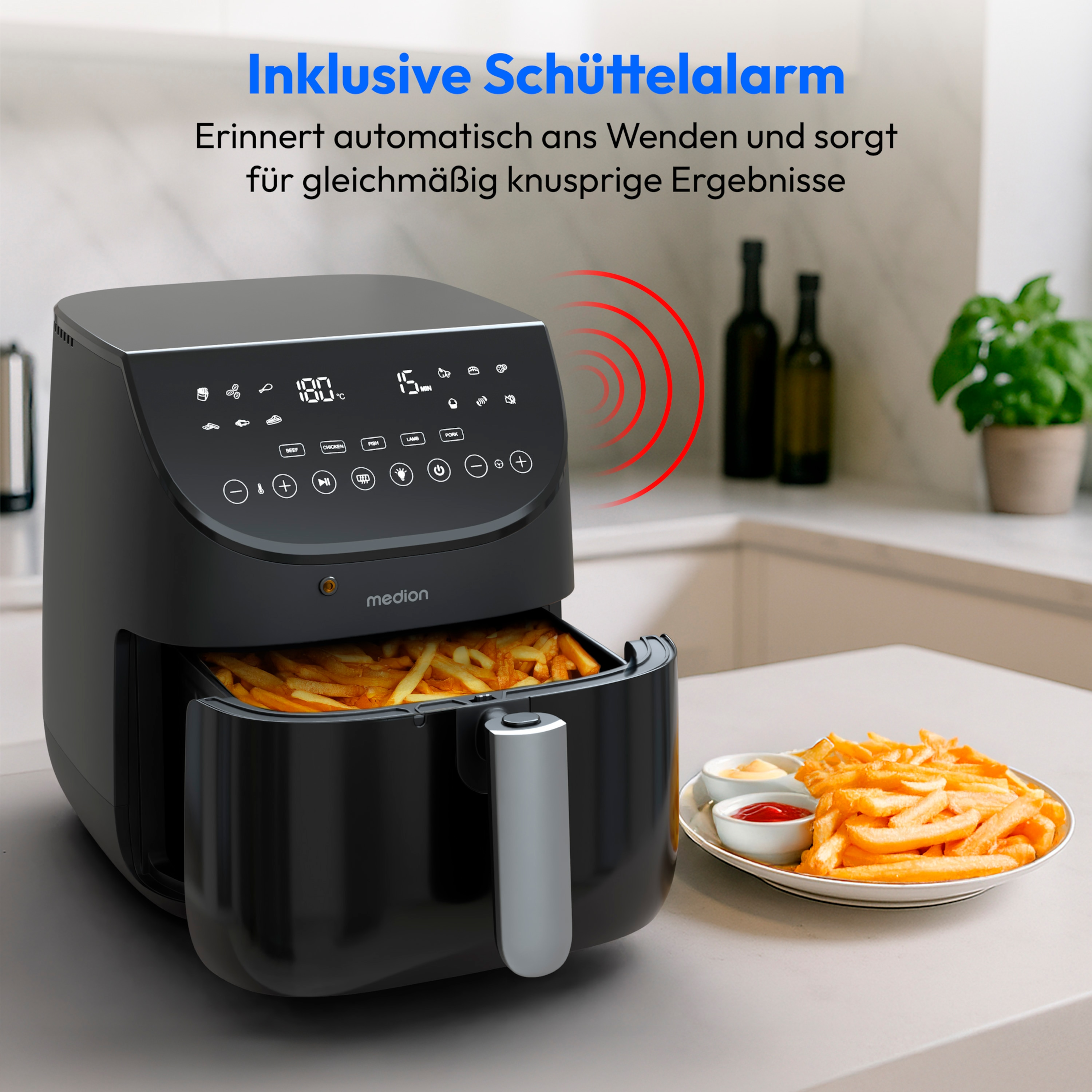Een airfryer met friet, sauzen en tekst. Inclusief een schudalarm voor gelijkmatige resultaten.