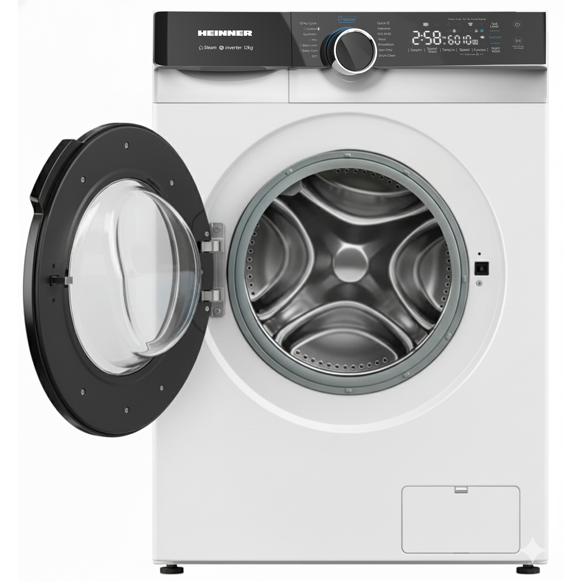 A white washing machine with an open black door. A digital display shows time. Brand name HEINNER is visible.
