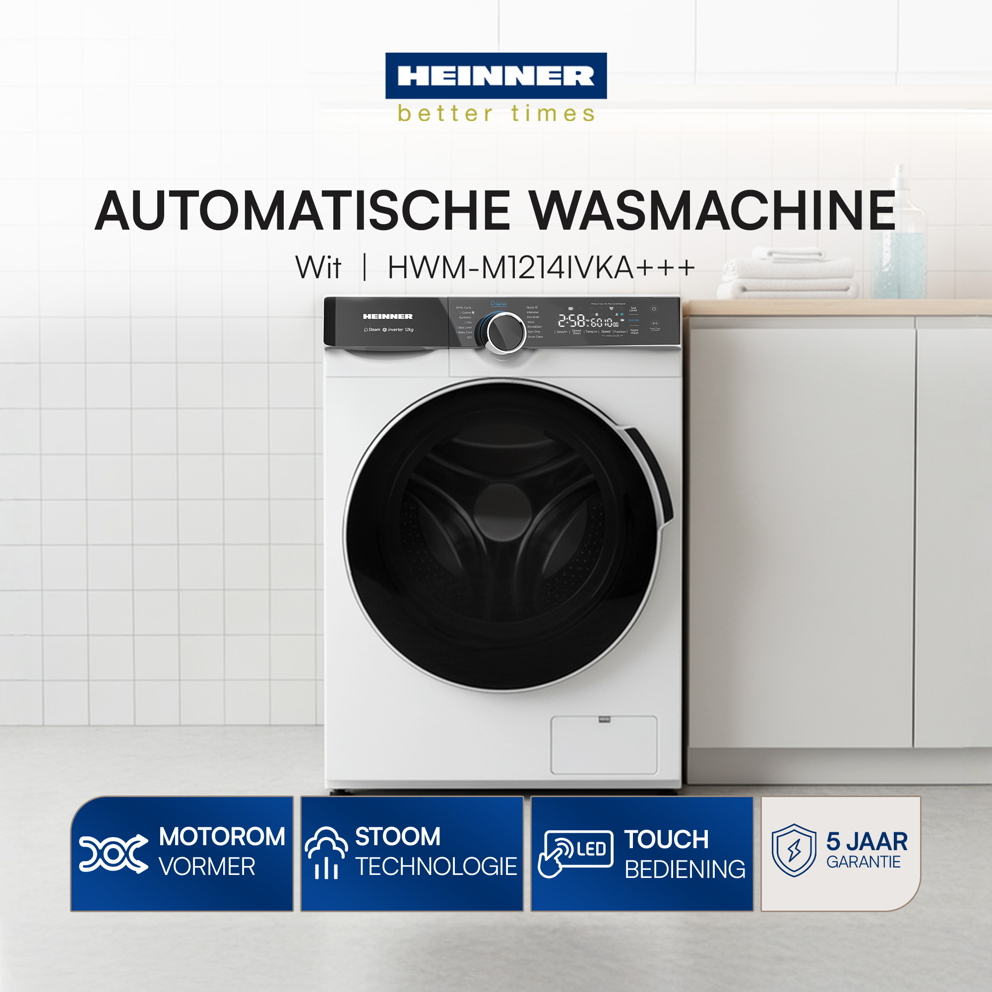 A white washing machine with a black door, with text above, and icons below.
