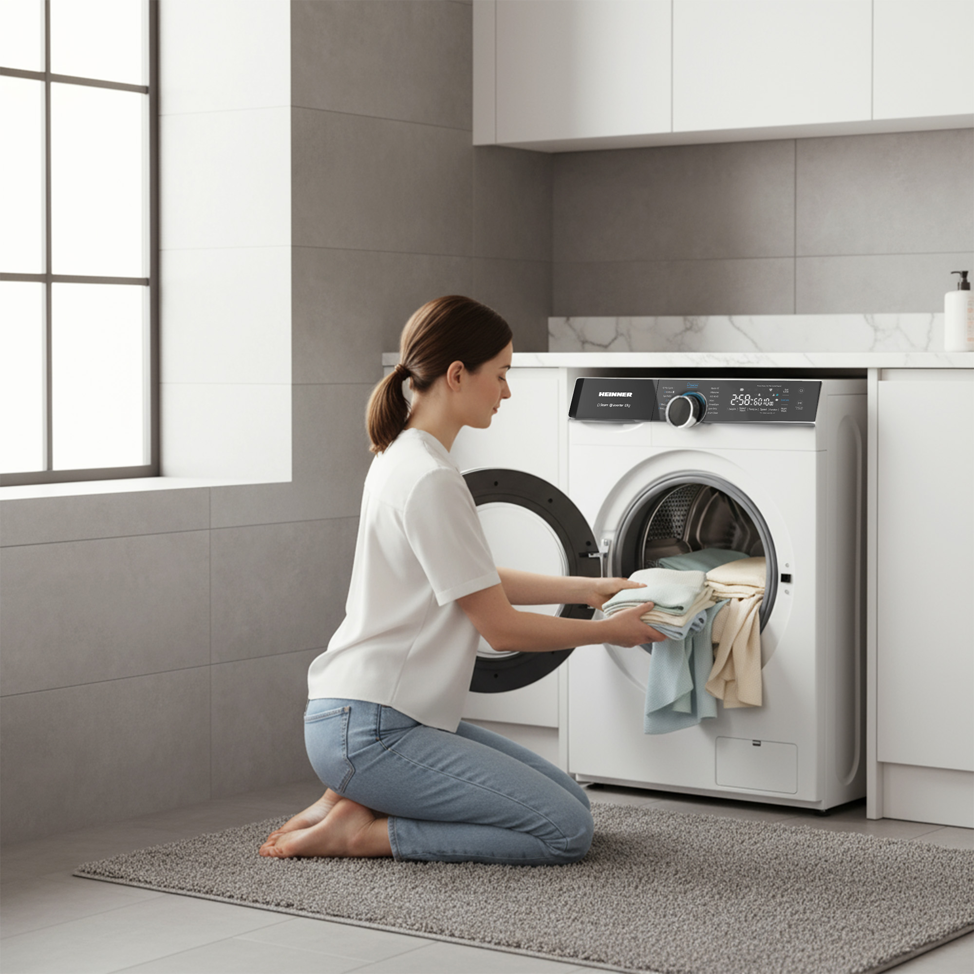 Woman kneeling, placing folded laundry into a washing machine. The scene is a well-lit laundry room.