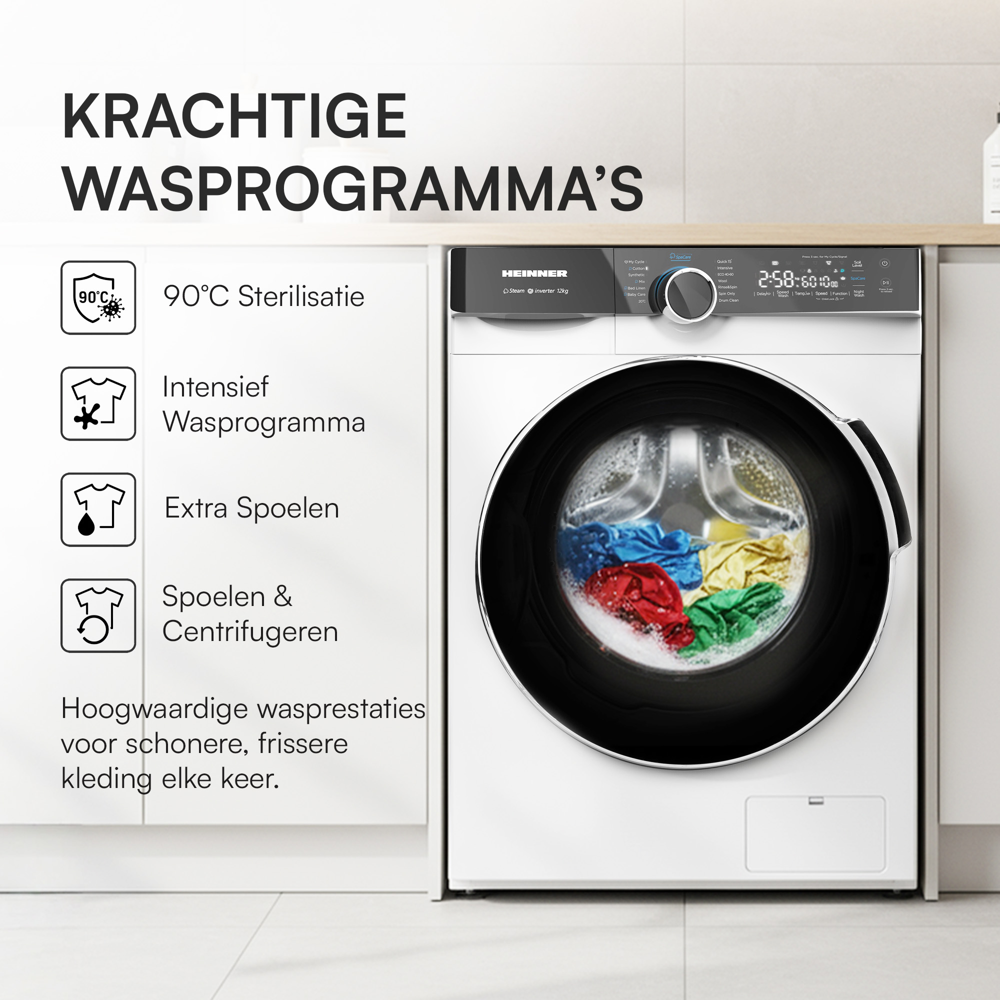 A white washing machine with a black door, displaying laundry inside. Text indicates washing programs and features.
