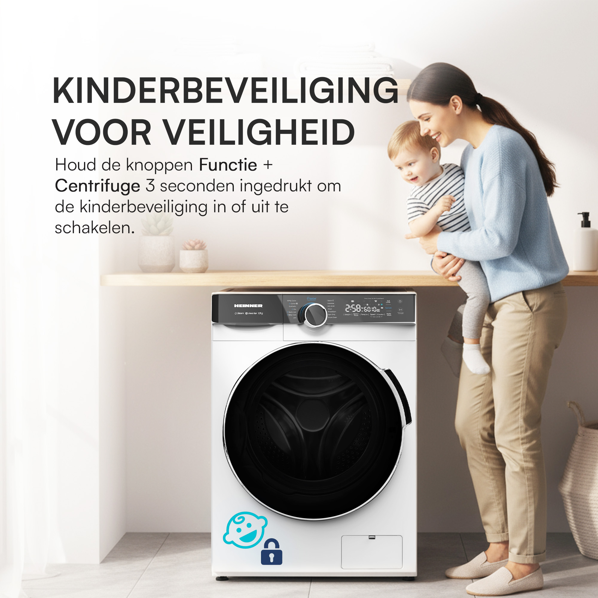 A woman holds a baby near a washing machine. Text above reads 'child safety for safety'.