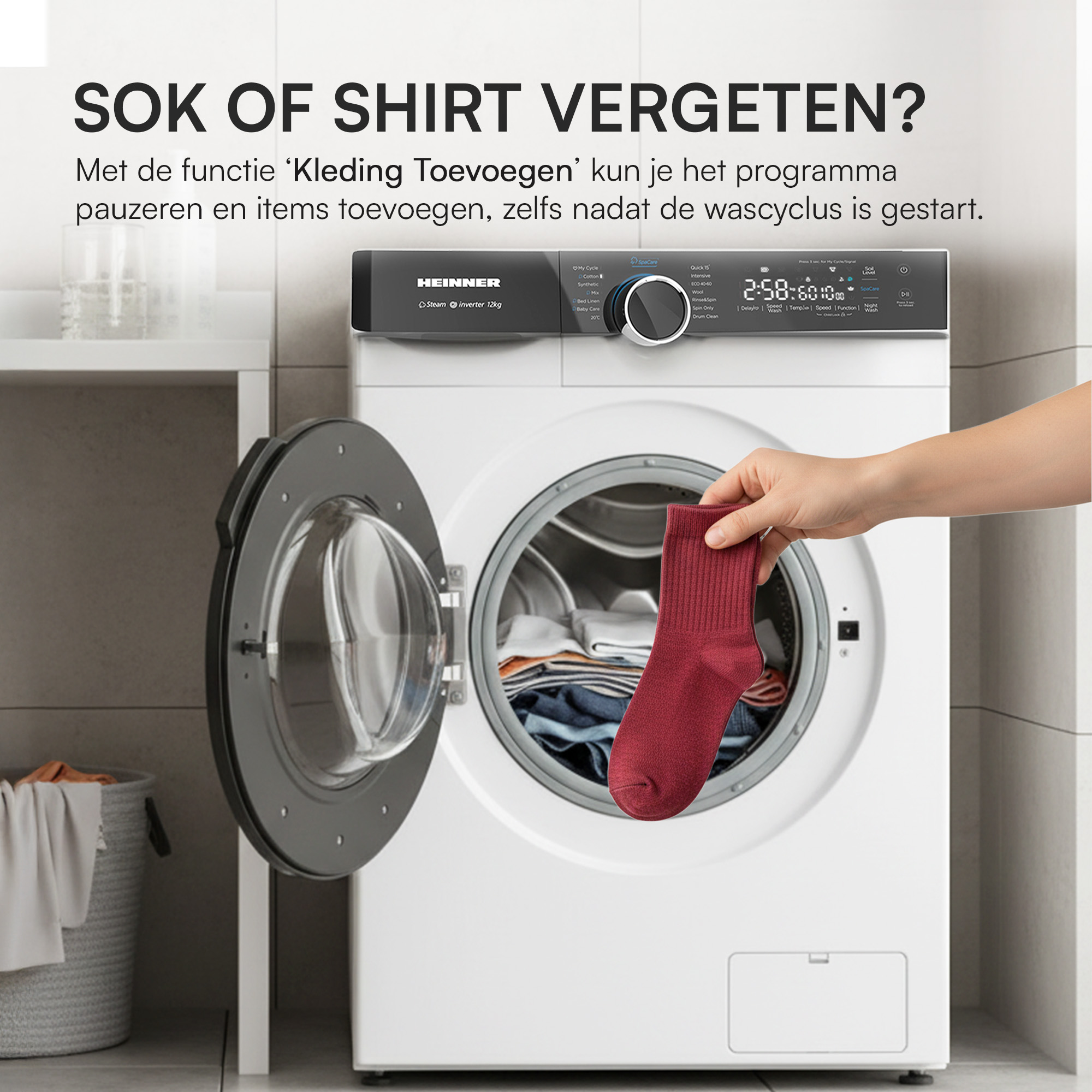 A hand holds a red sock over an open washing machine. Text says 'Forget a sock or shirt?'