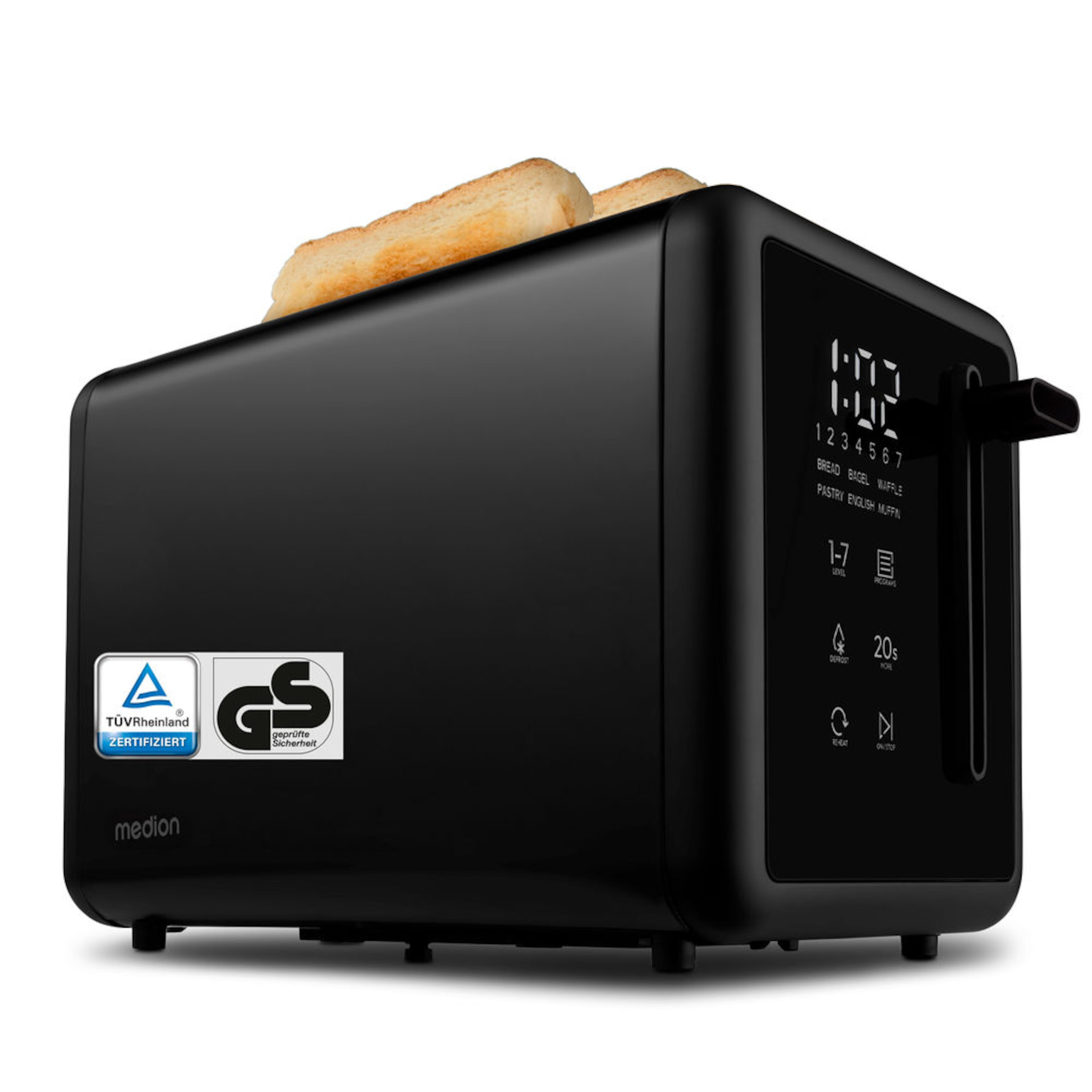 Zwarte broodrooster met brood, digitaal display en logo's. Heeft instellingen en sleuven.