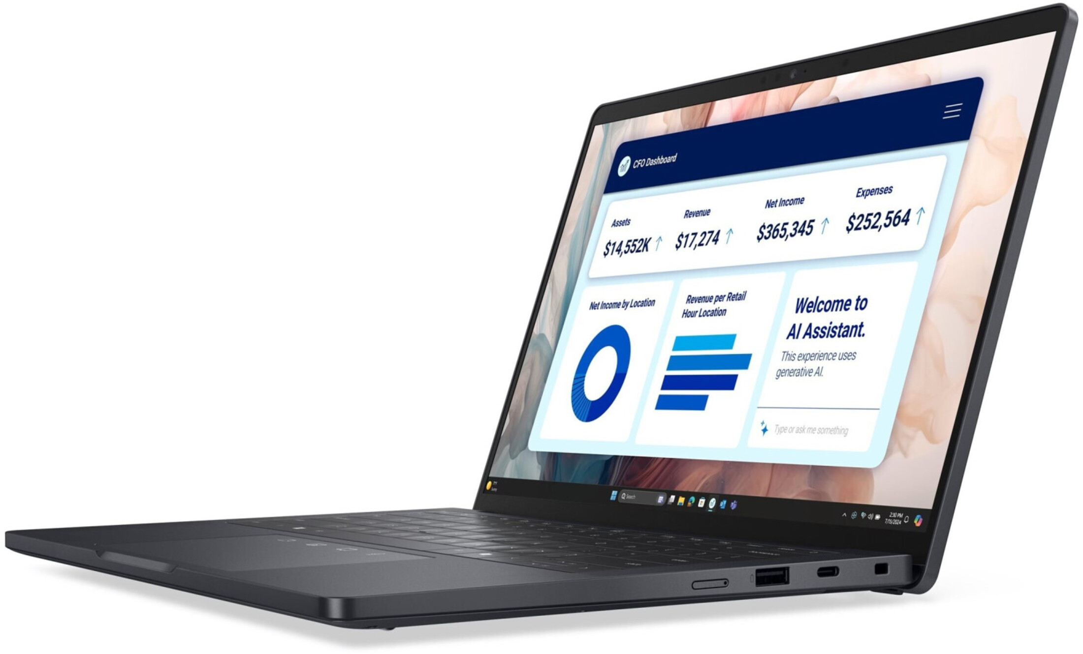 Laptop wyświetlający pulpit CFO z danymi finansowymi. Ekran pokazuje aktywa, przychody, dochód netto i wydatki.