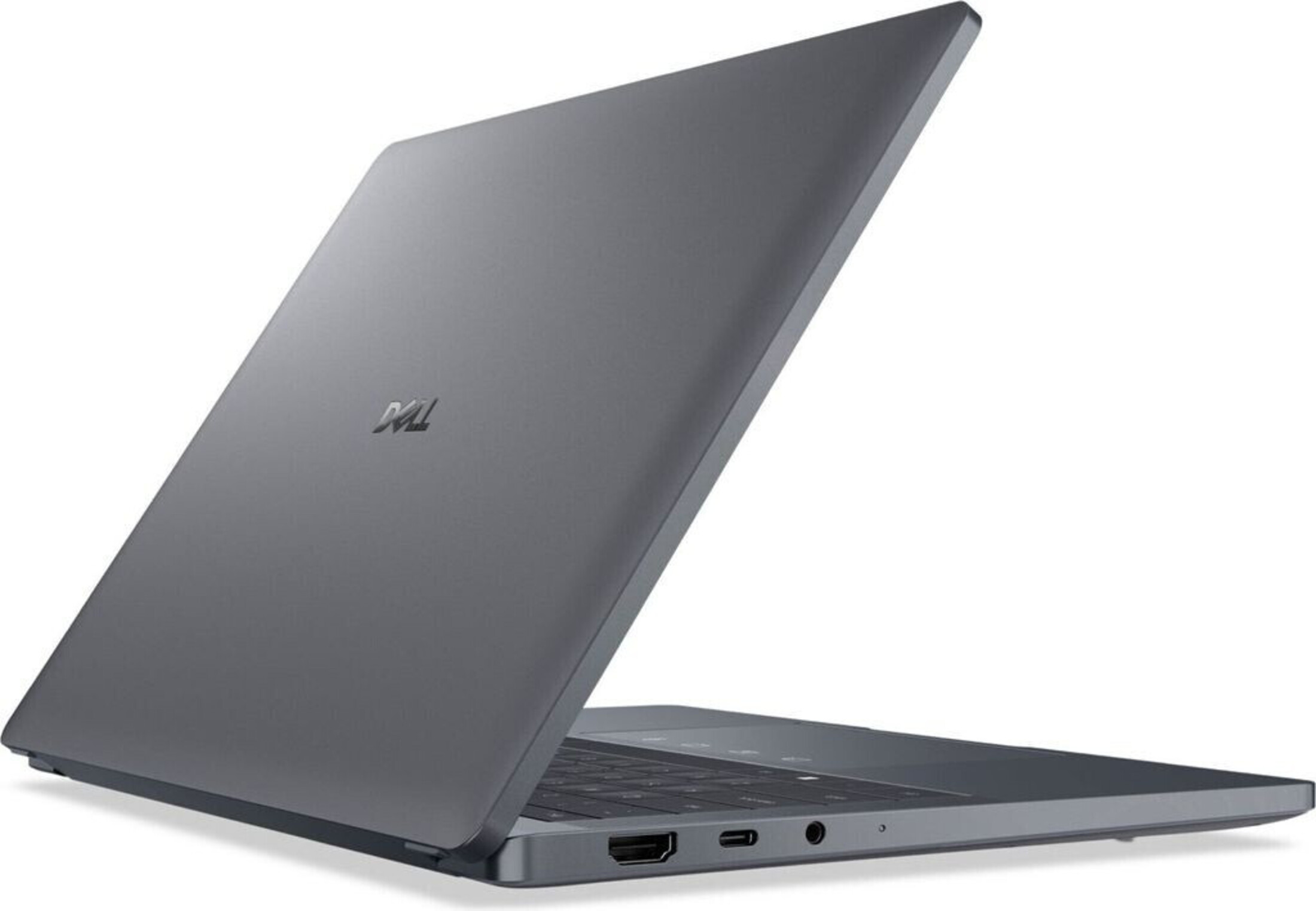 Szary laptop Dell jest otwarty, pokazując klawiaturę i ekran. Logo Dell jest widoczne. Laptop jest na białym tle.