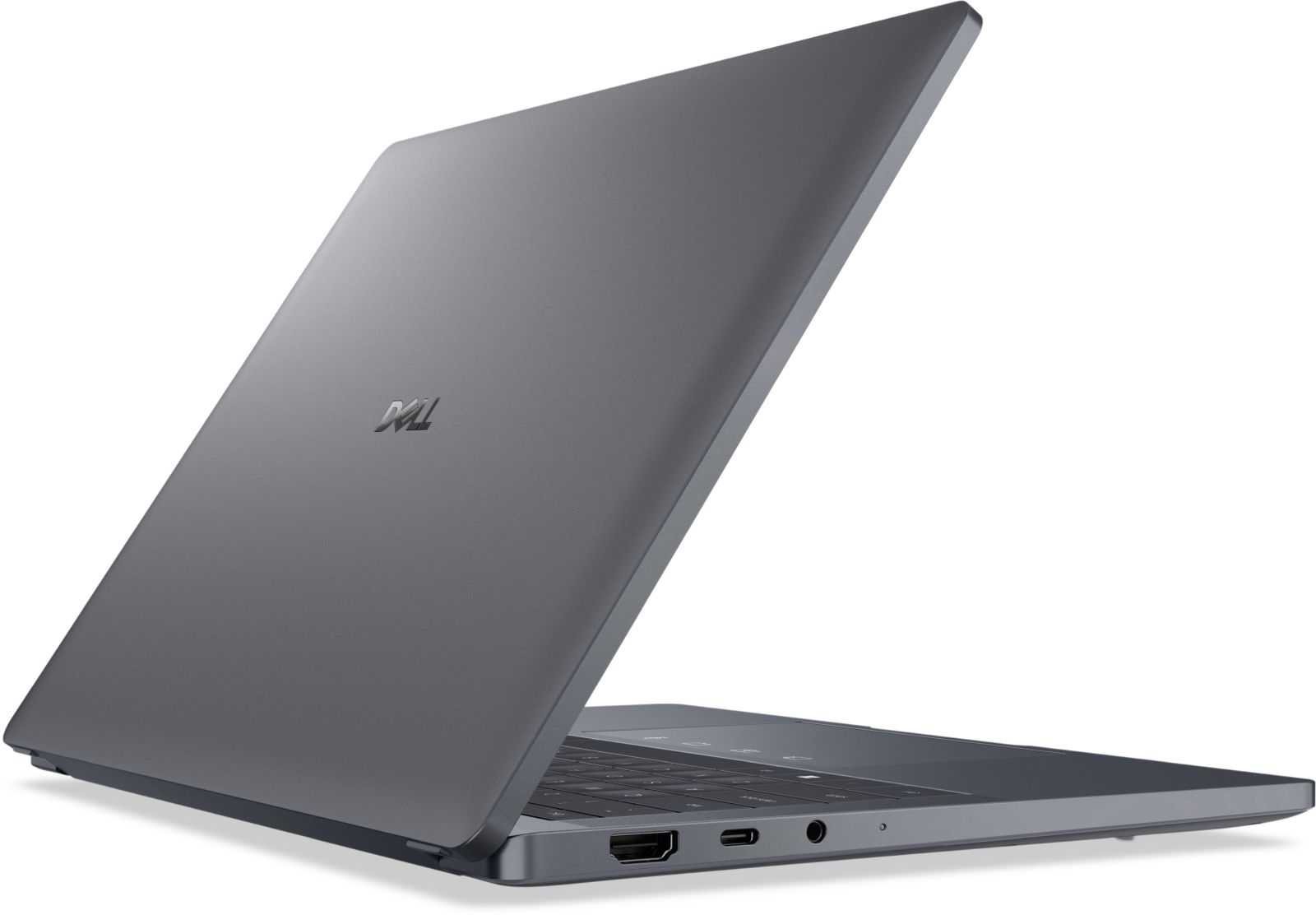 Szary laptop Dell z otwartą pokrywą. Klawiatura jest widoczna. Logo Dell znajduje się na pokrywie. Tło jest białe.