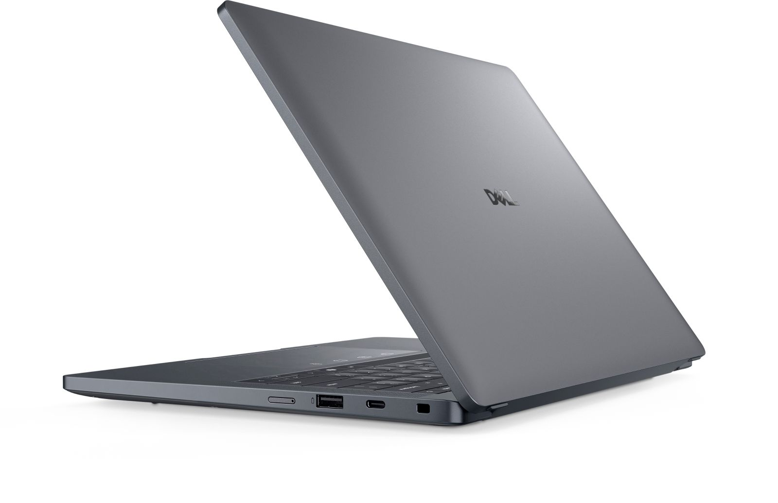 Szary laptop Dell jest otwarty. Ekran jest odchylony do tyłu, wyświetlając logo Dell. Klawiatura i porty są widoczne.