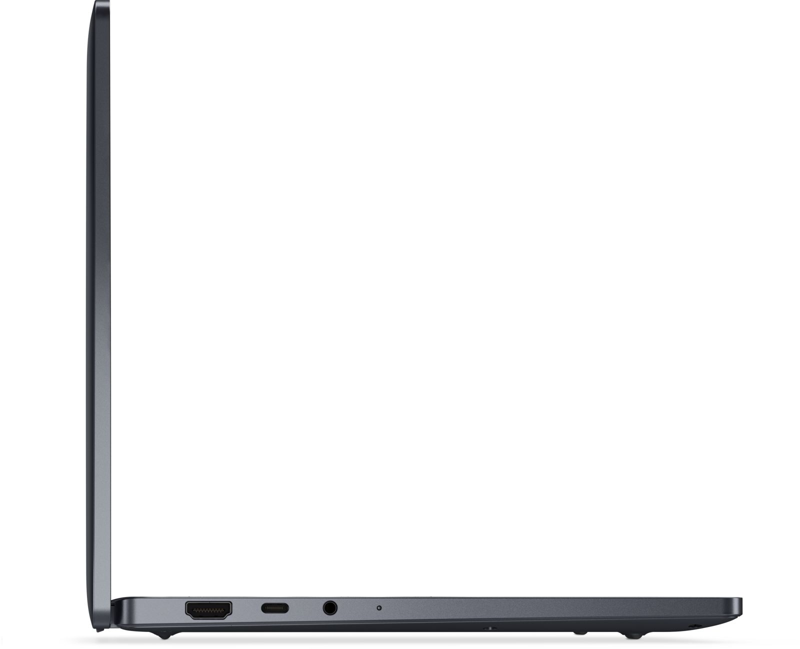 Widok z boku ciemnoszarego laptopa. Ma porty HDMI, USB-C, audio i ładowania. Ekran jest zamknięty.