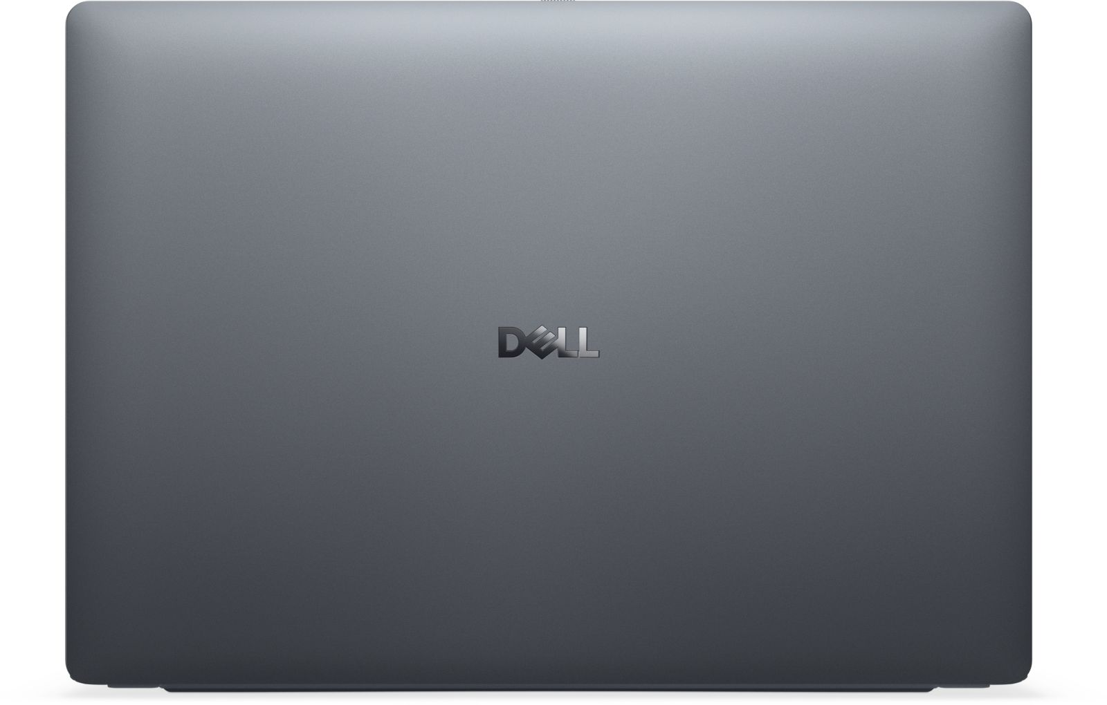 Zamknięty, szary laptop Dell. Logo Dell jest wyśrodkowane. Laptop ma gładkie, matowe wykończenie.