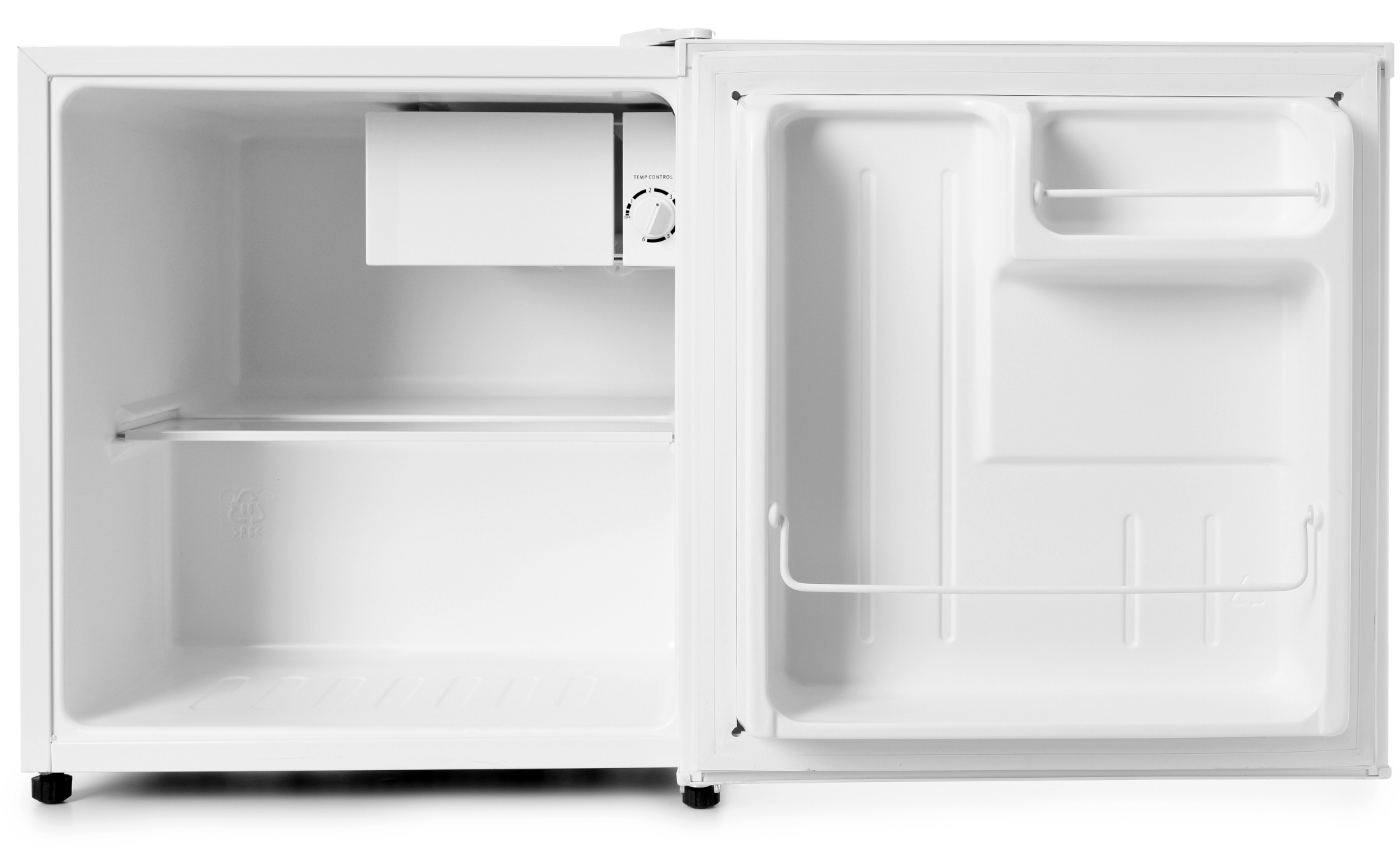Un piccolo frigorifero bianco aperto. All'interno ci sono ripiani e un controllo della temperatura. La porta ha un ripiano. Il frigo è vuoto.
