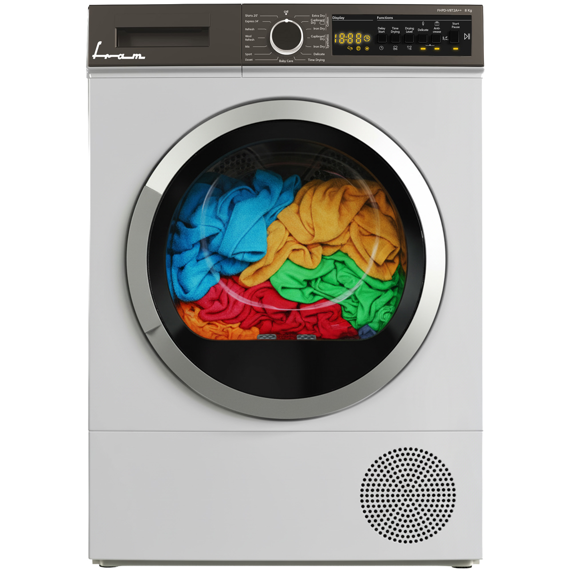A white dryer with a dark top. Inside the glass door, colorful clothes are visible.