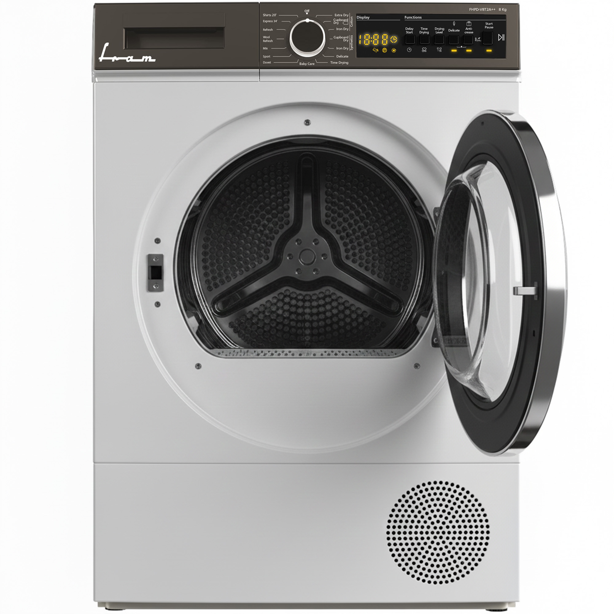 A white dryer with an open door. Controls and display on top. Black interior visible, with a round fan.