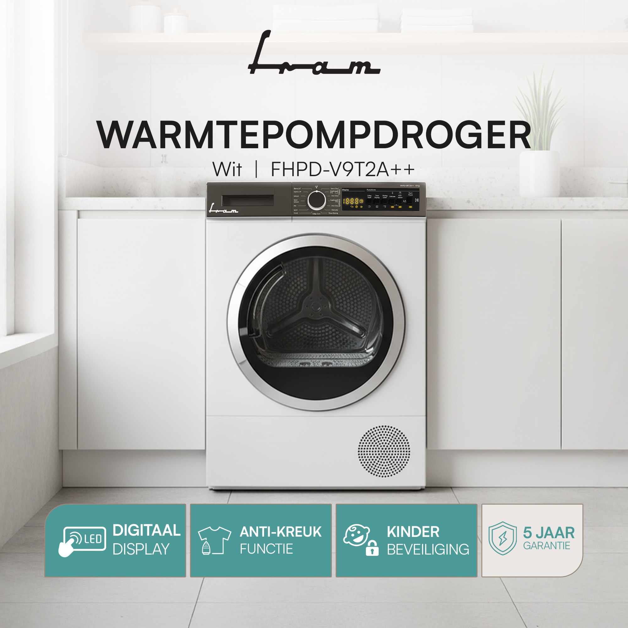 A white heat pump dryer with a digital display and various functions. Features include anti-crease and child safety.