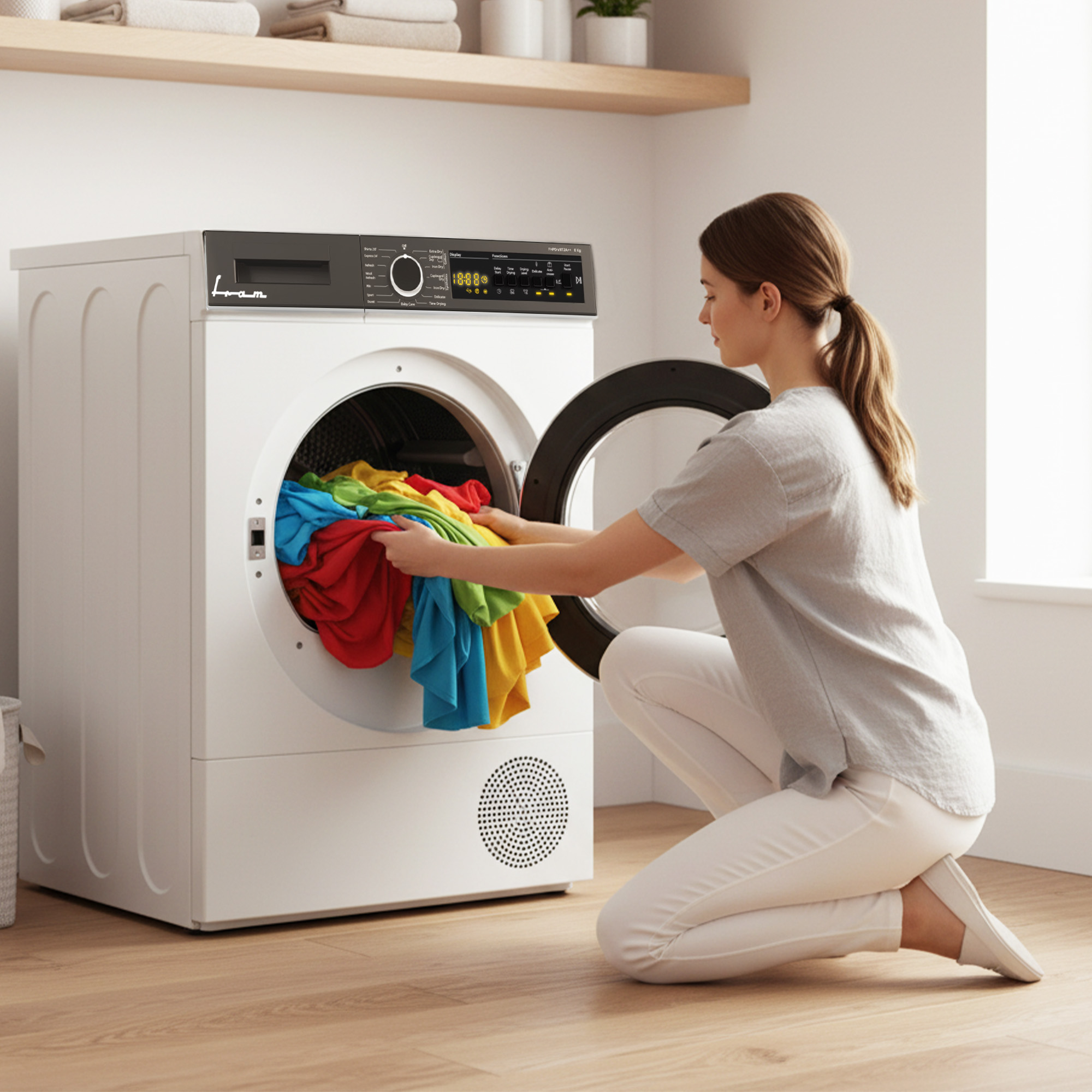 A woman kneels, putting colorful laundry into a white dryer. A shelf with towels is above. The room has a wooden floor.