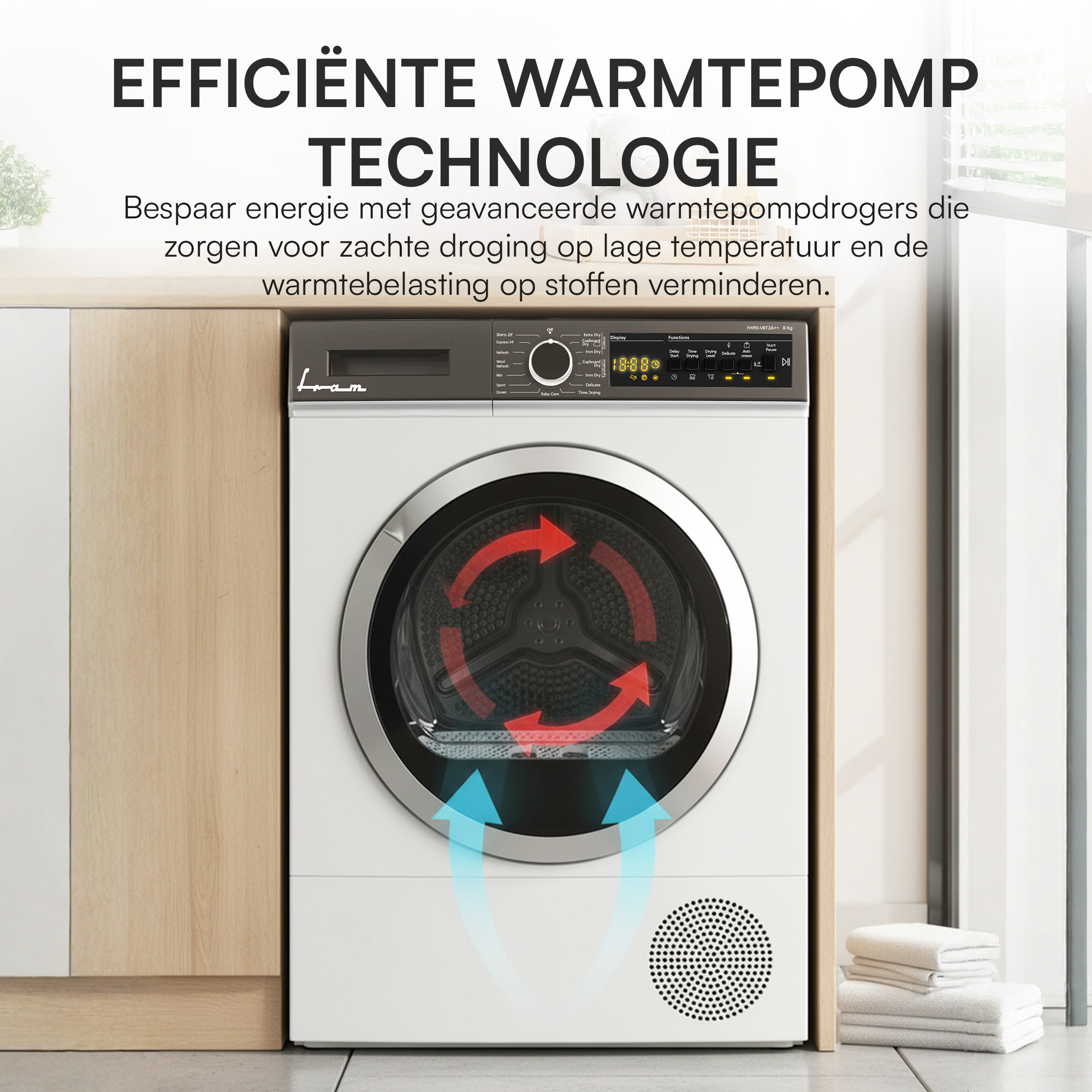 A white dryer with red arrows, showing airflow. Text: Efficient heat pump technology.