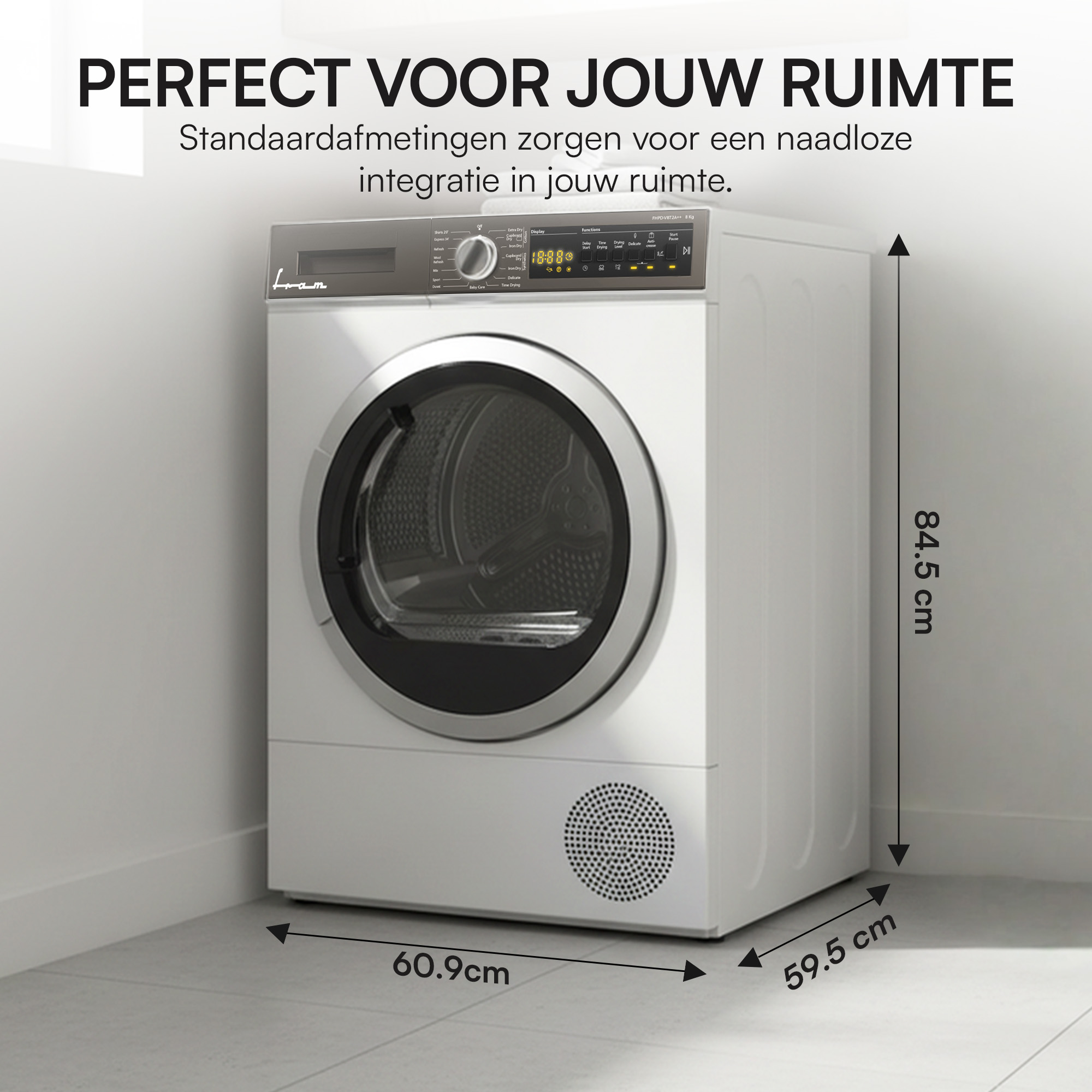 White dryer with black door, digital display, and dimensions labeled. It is in a corner of a room. Text: Perfect voor jouw ruimte.