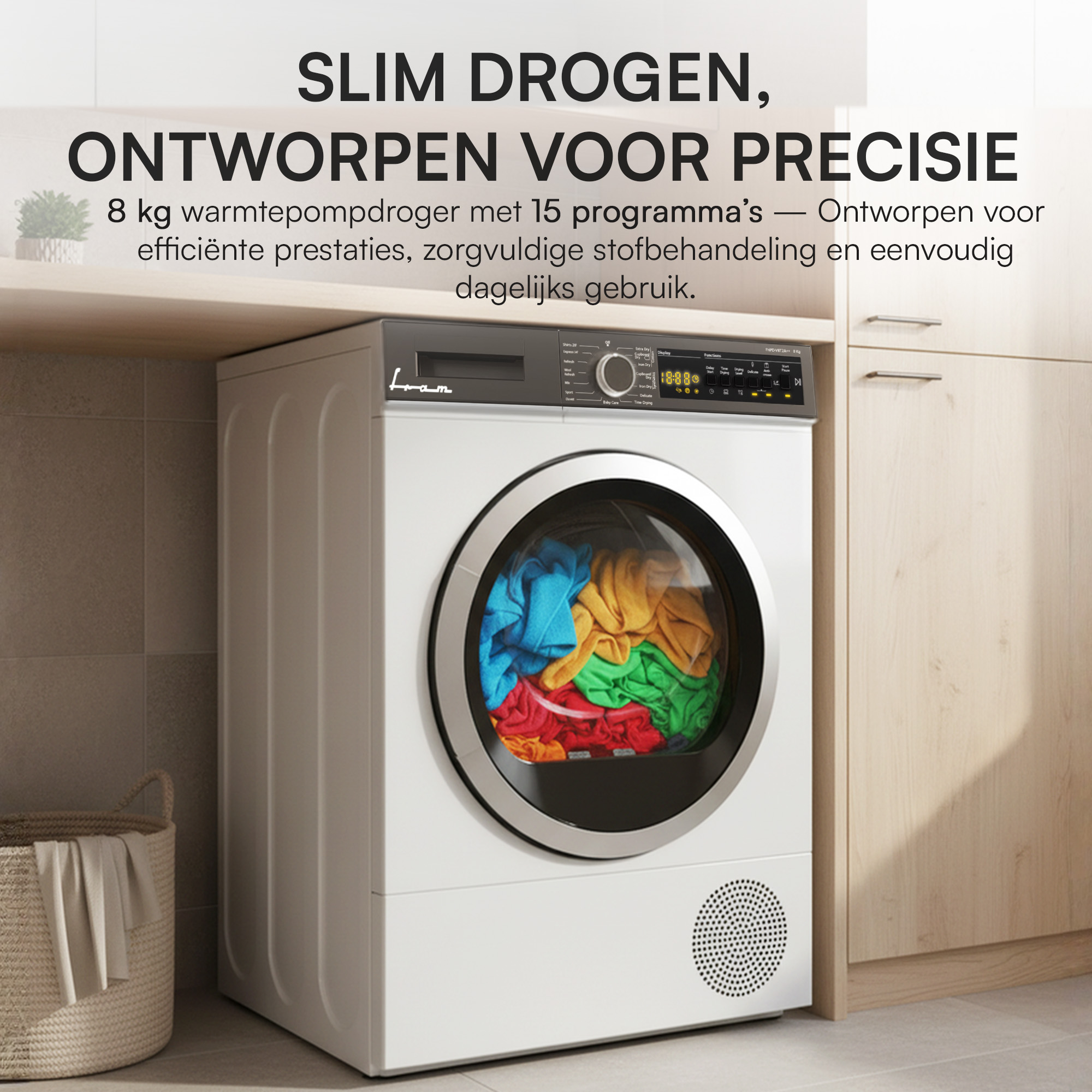 White dryer with glass door containing colorful clothes. It's in a kitchen setting with text above.