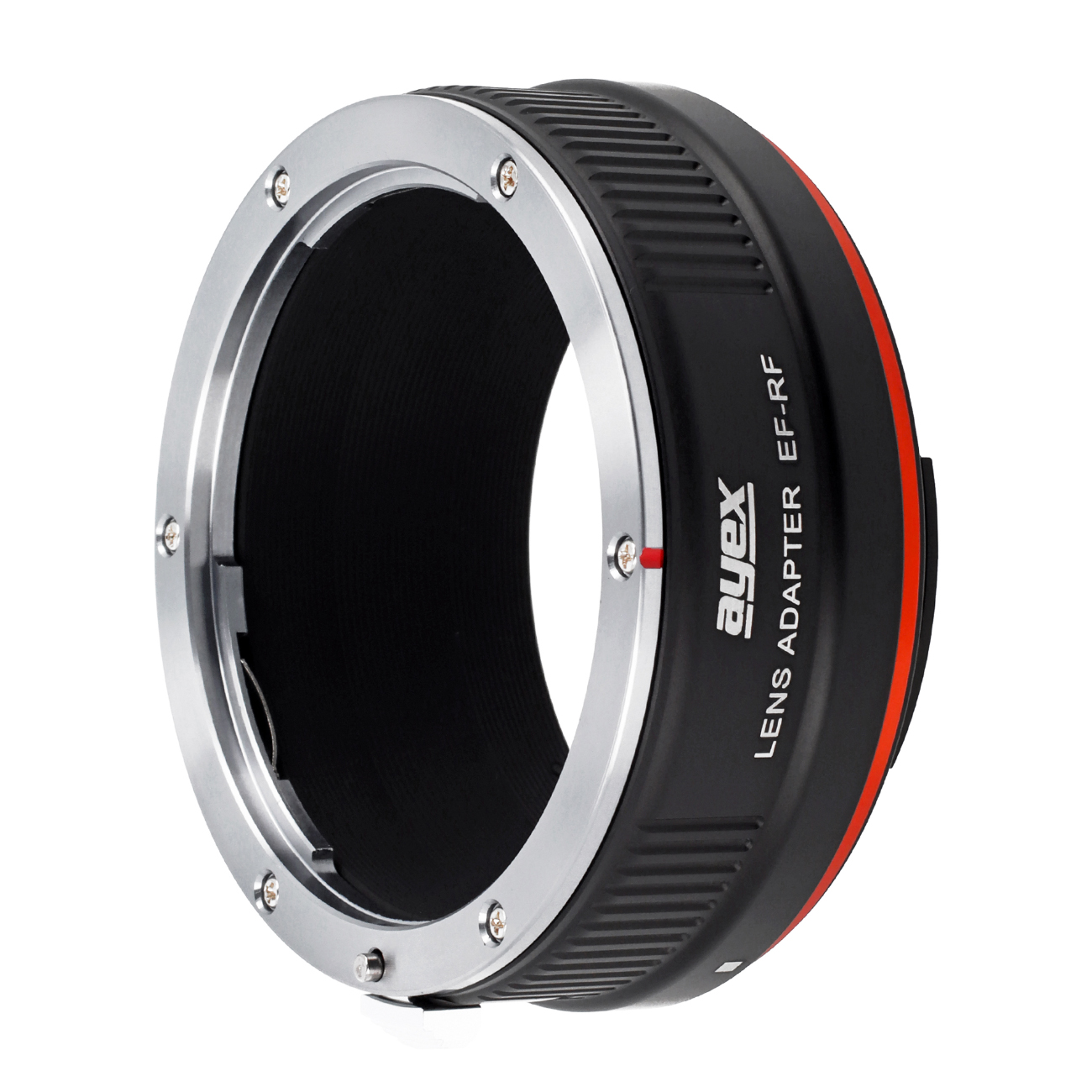 Ein schwarzer und silberner Objektivadapter. Er hat rote Akzente und Text mit der Aufschrift 'ayex LENS ADAPTER EF-RF'.