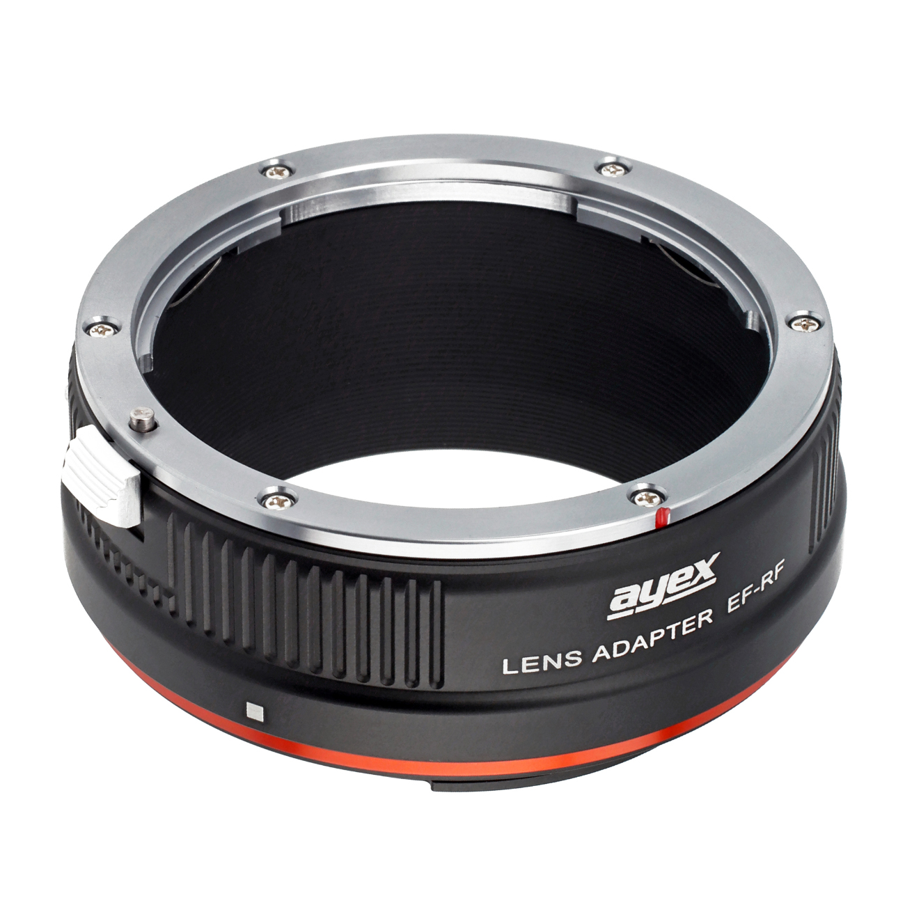 Ein schwarzer Objektivadapter mit silbernem Ring. Der Adapter hat rote und weiße Markierungen und den Text 'ayex LENS ADAPTER EF-RF'.