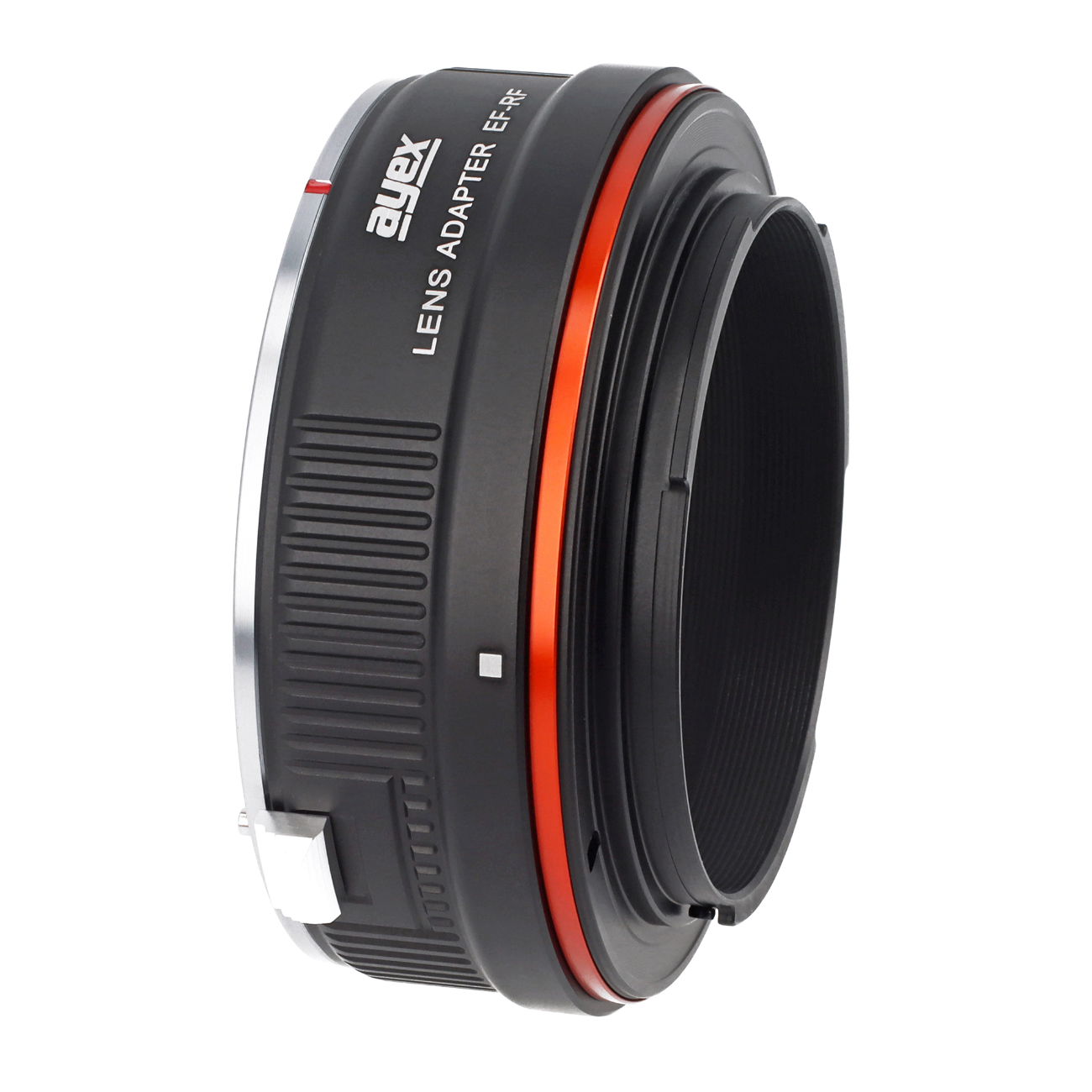 Ein schwarzer und silberner Objektivadapter mit einem orangefarbenen Ring. Der Adapter ist mit 'ayex LENS ADAPTER EF-RF' beschriftet.