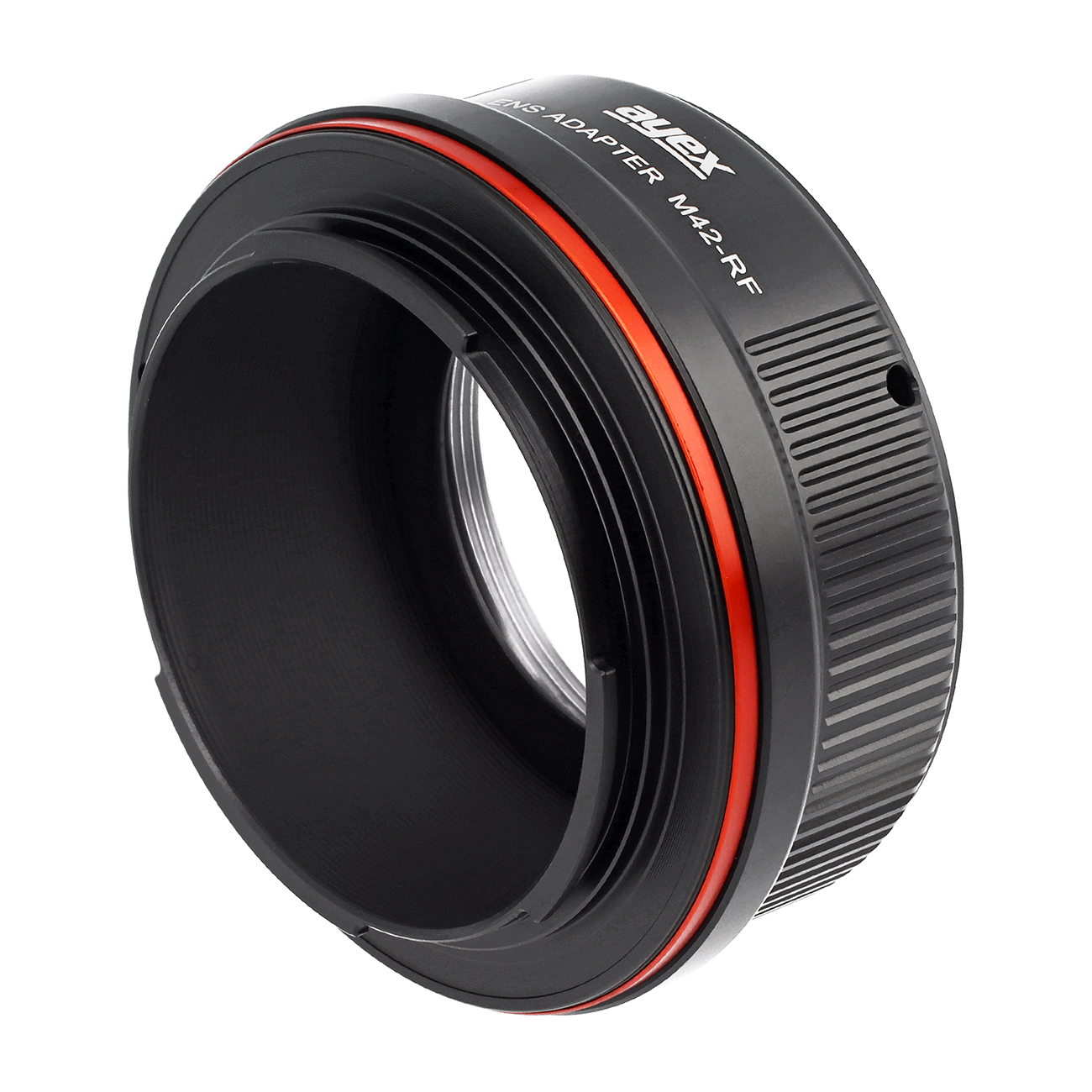 Ein schwarzer Objektivadapter mit rotem Ring. Auf der Seite steht 'avex LENS ADAPTER M42-RF'.