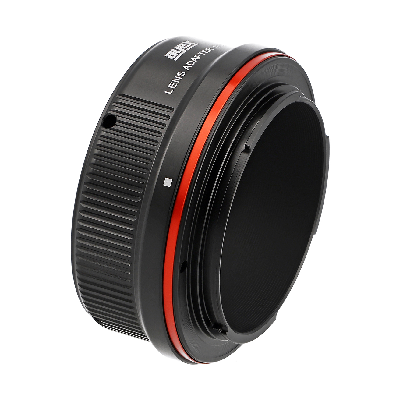 Ein schwarzer Objektivadapter mit rotem Ring und dem Text 'ayex LENS ADAPTER'. Der Innenraum ist schwarz.