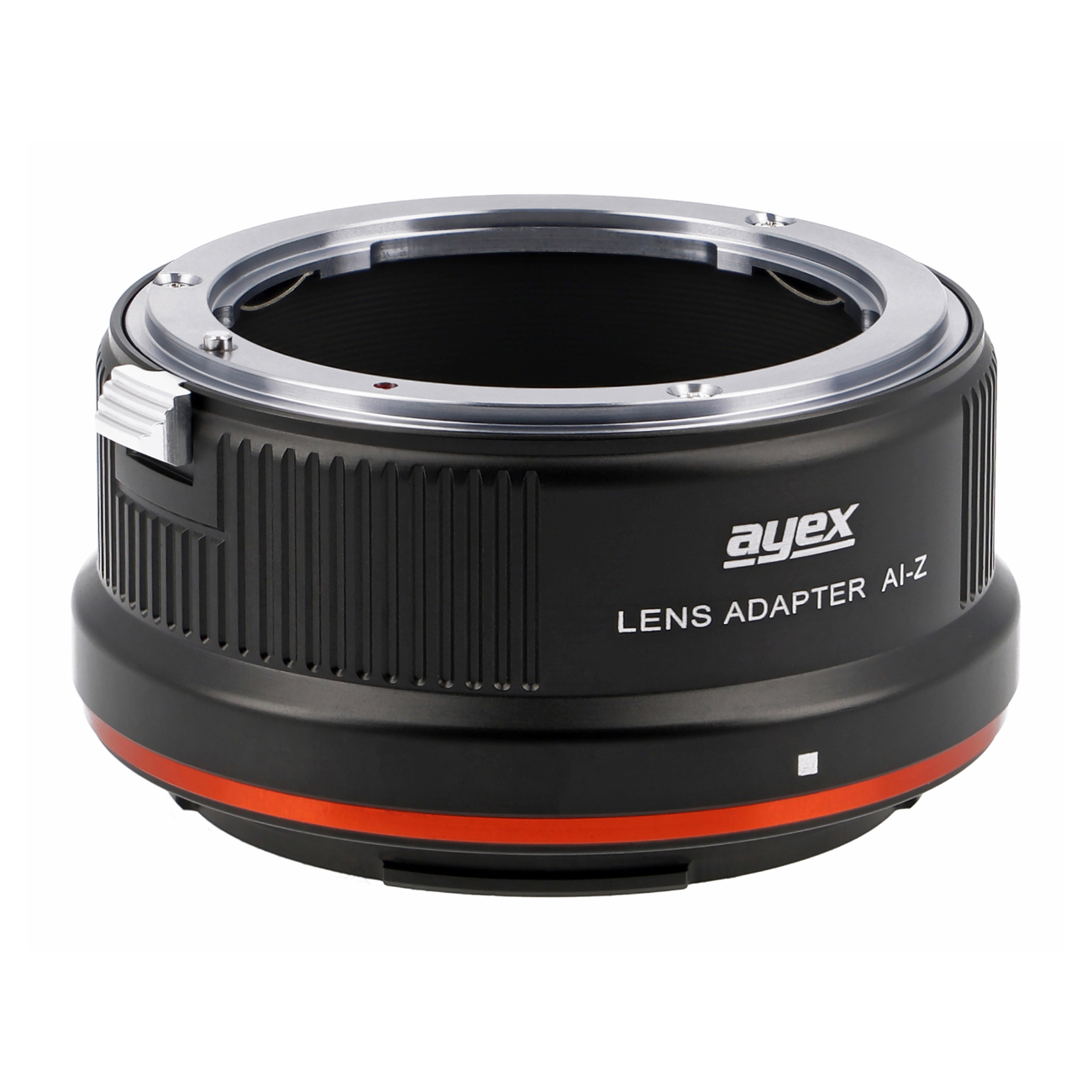 Ein schwarzer und silberner Objektivadapter. Er hat einen orangefarbenen Ring und den Text 'ayex LENS ADAPTER AI-Z'.